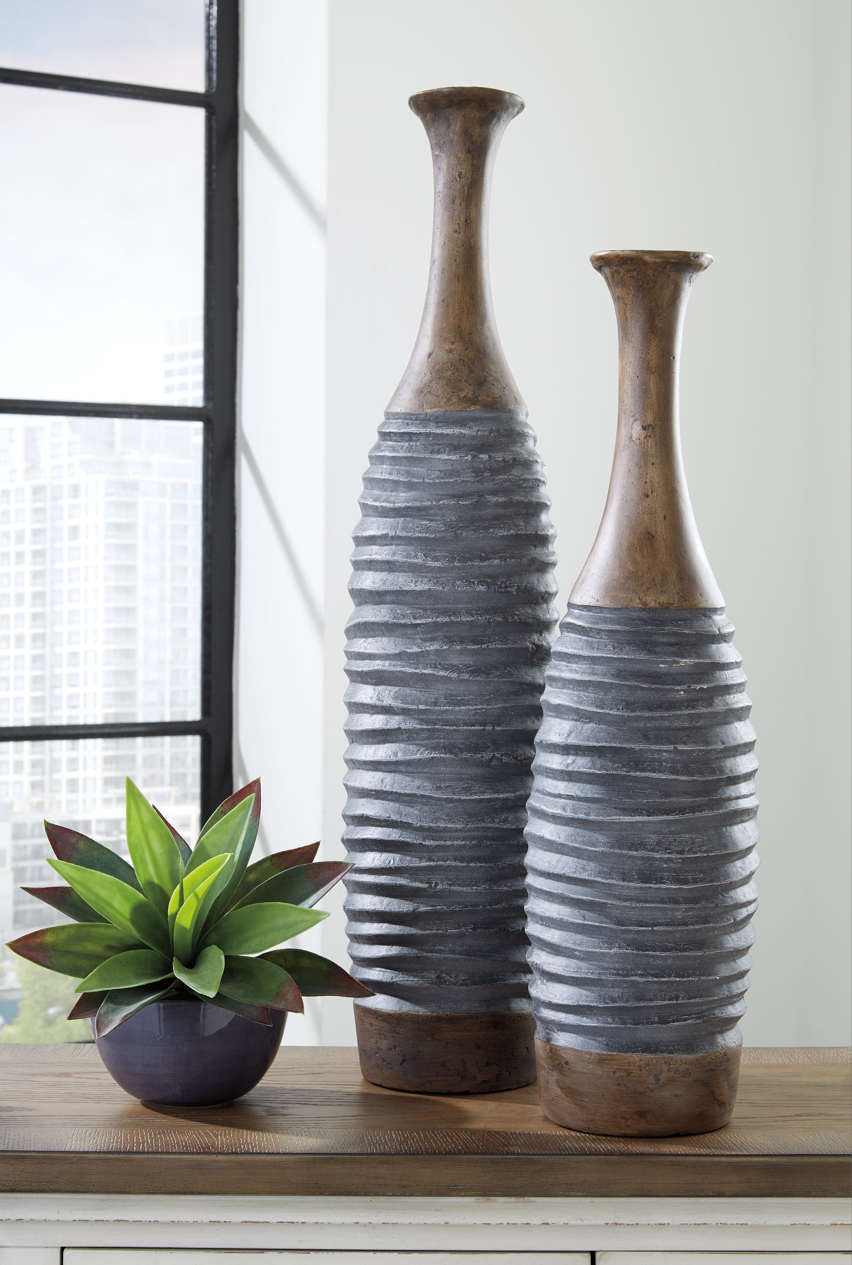 Elite Furniture Outlet - Ashley Furniture - Blayze Vase - Vase Set (Set of 2) / Antique Gray/Brown - A2000388