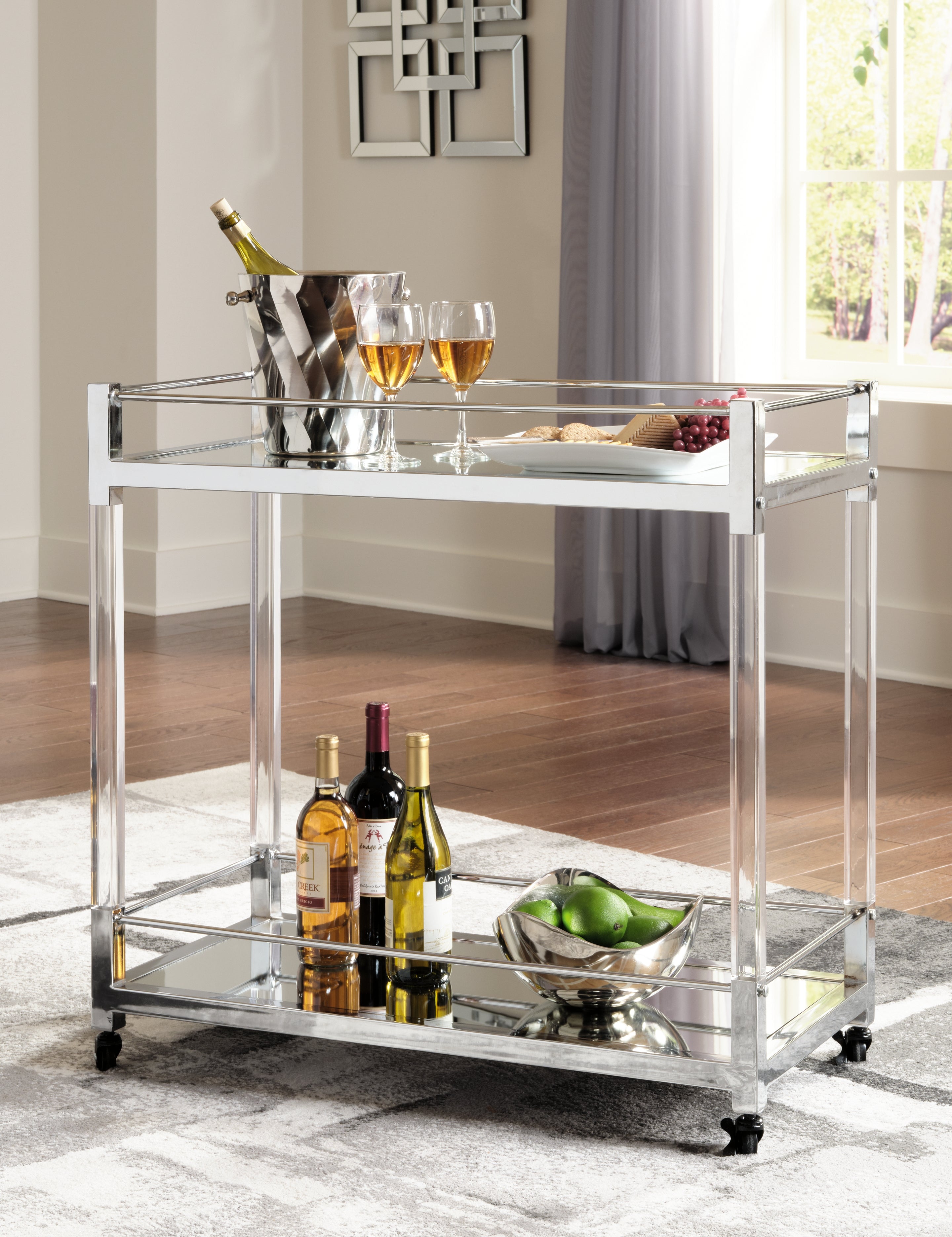 Elite Furniture Outlet - Ashley Furniture - Chaseton Bar Cart - Bar Cart / Clear/Silver Finish - A4000501