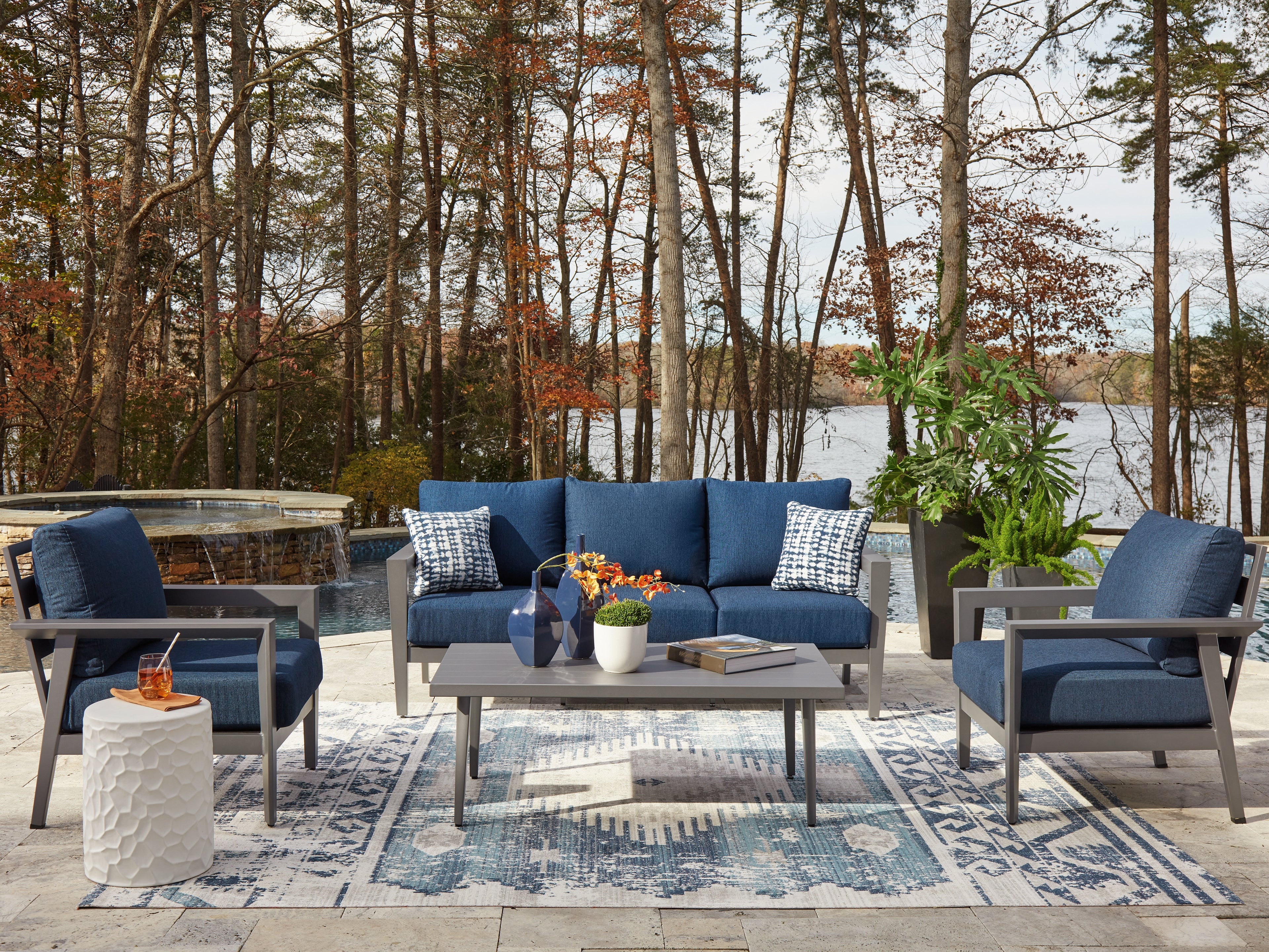 Elite Furniture Outlet - Ashley Furniture - Gali Outdoor - Sofa/Chairs/Table Set (4/CN) / Gray/Blue - P275-081