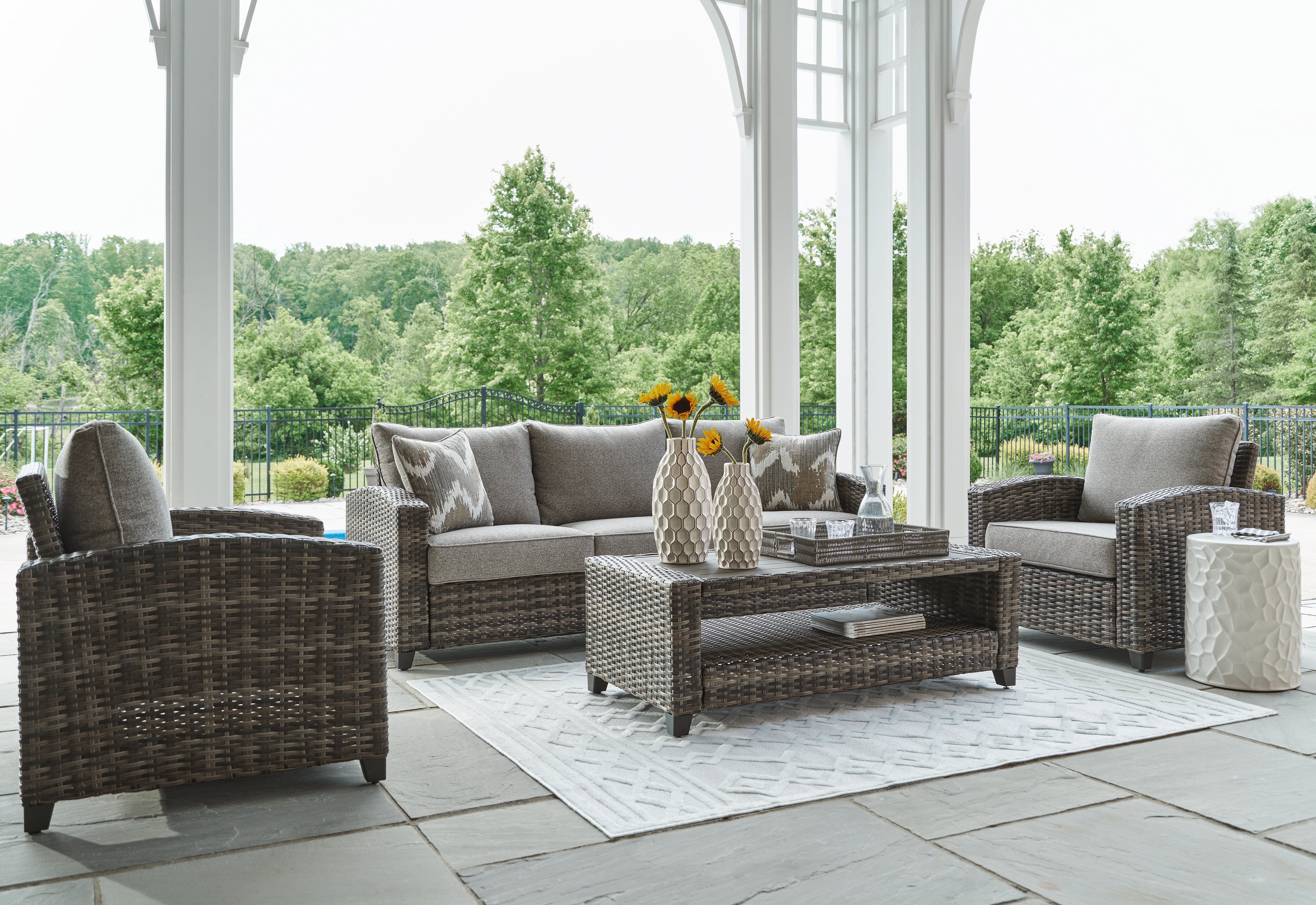 Elite Furniture Outlet - Ashley Furniture - Oasis Court Outdoor - Sofa/Chairs/Table Set (4/CN) / Gray - P335-081
