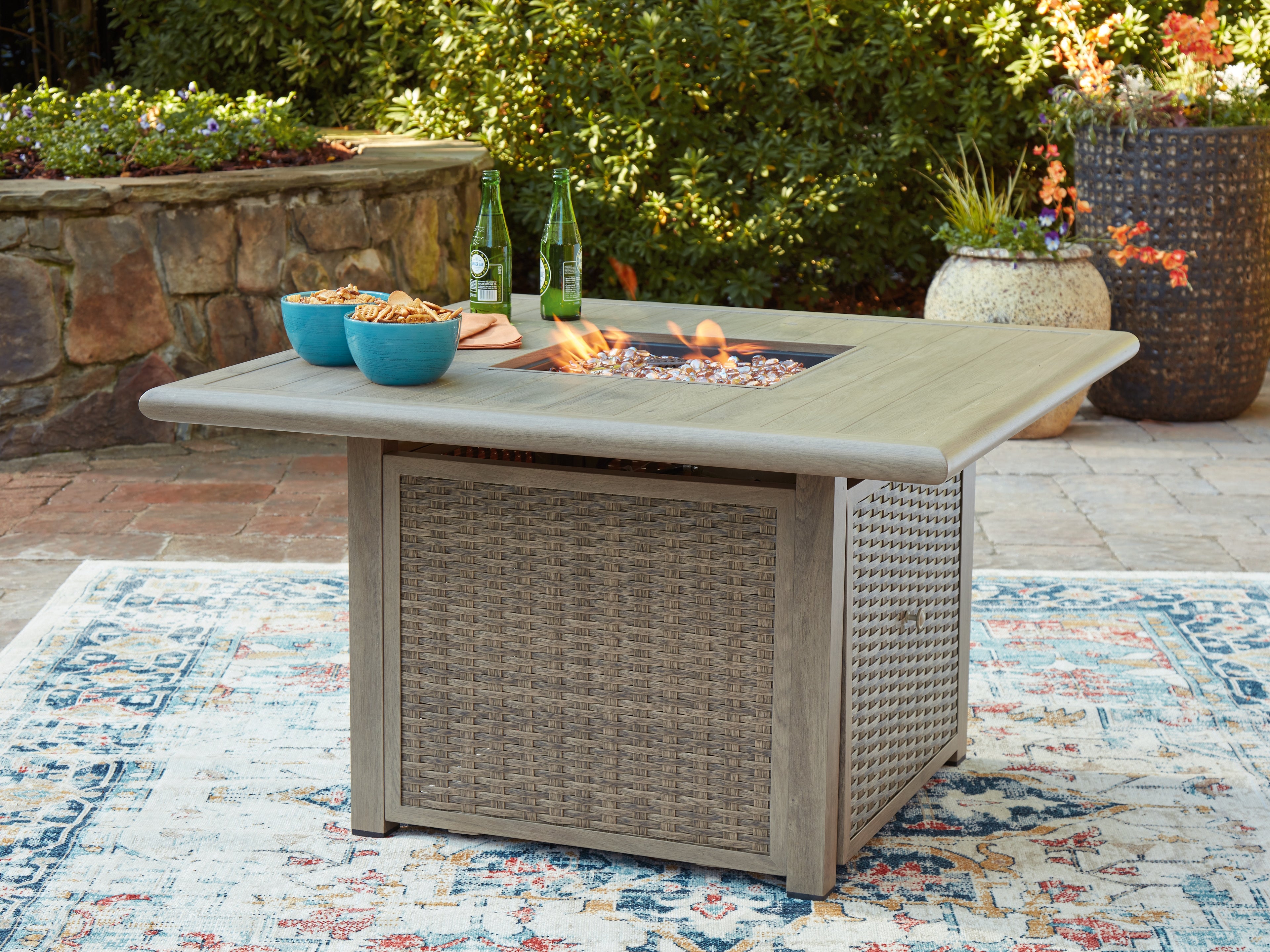 Elite Furniture Outlet - Ashley Furniture - Cliff Trails Outdoor - Square Fire Pit Table / Beige - PCP690-772