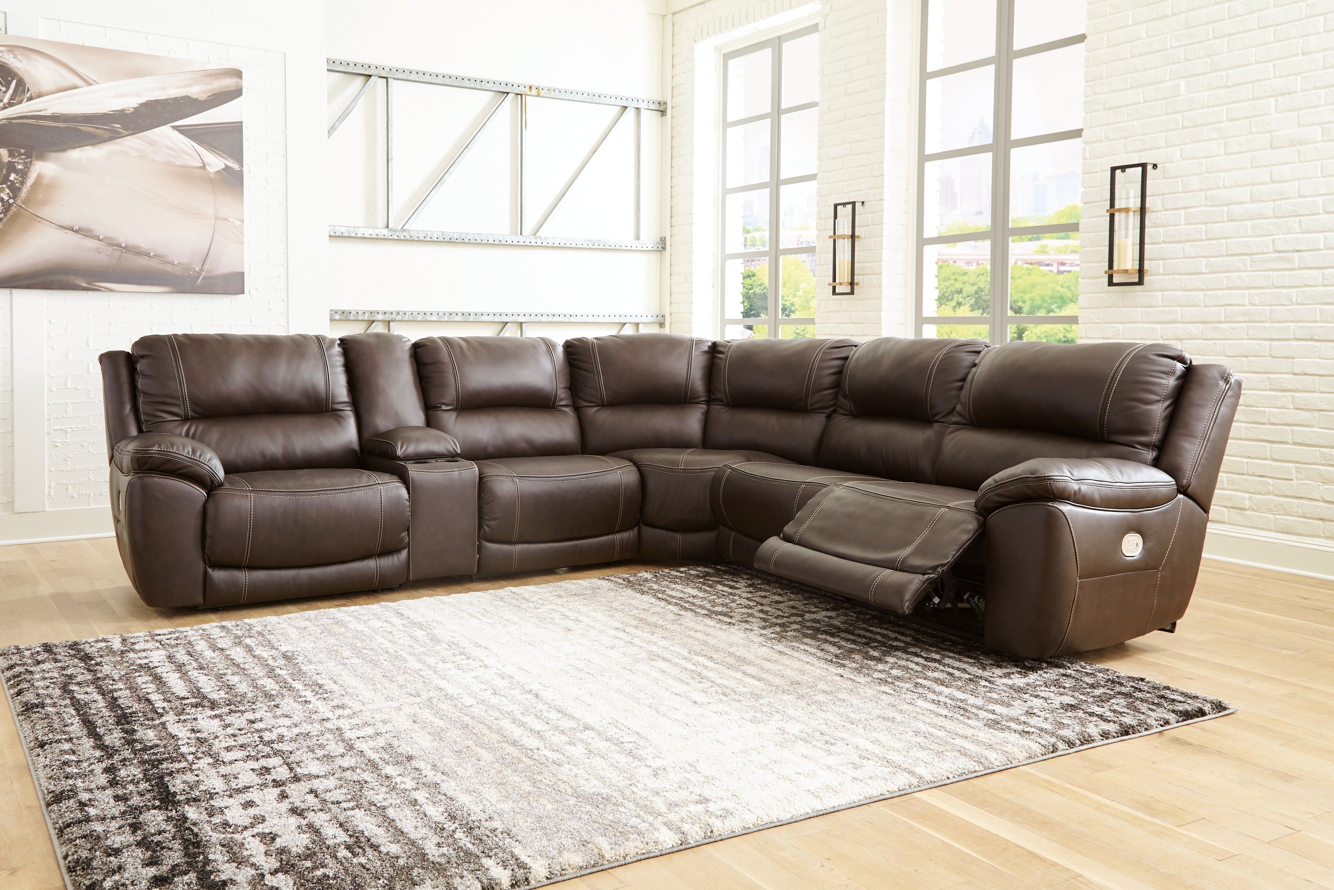 Elite Furniture Outlet - Ashley Furniture - Dunleith Sectional - 3-Piece Power Reclining Loveseat with Console / Chocolate - U71604S4