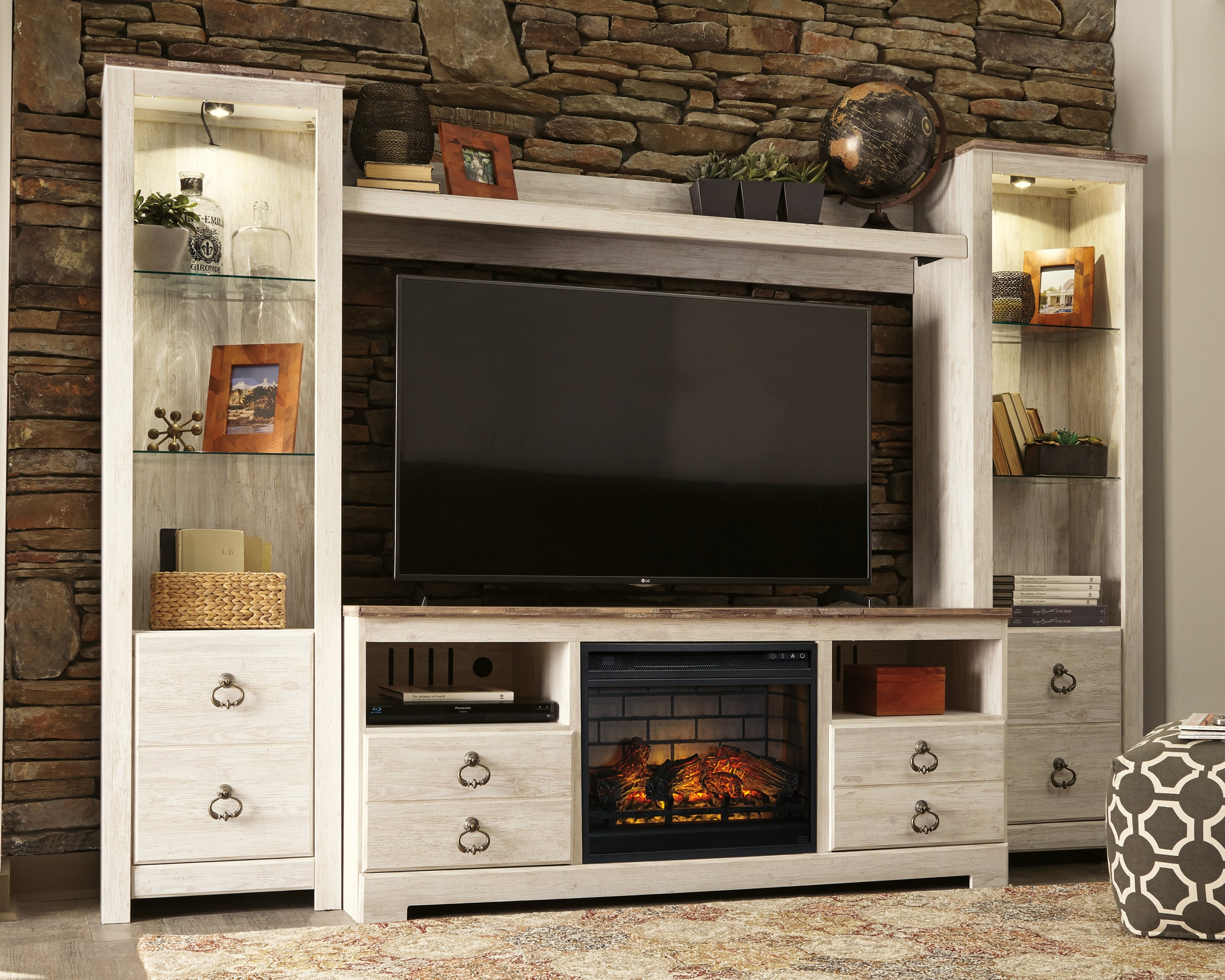 Elite Furniture Outlet - Ashley Furniture - Willowton 4-Piece Entertainment Center with Electric Fireplace - 4-Piece Entertainment Center with Electric Fireplace / Whitewash - W267W9