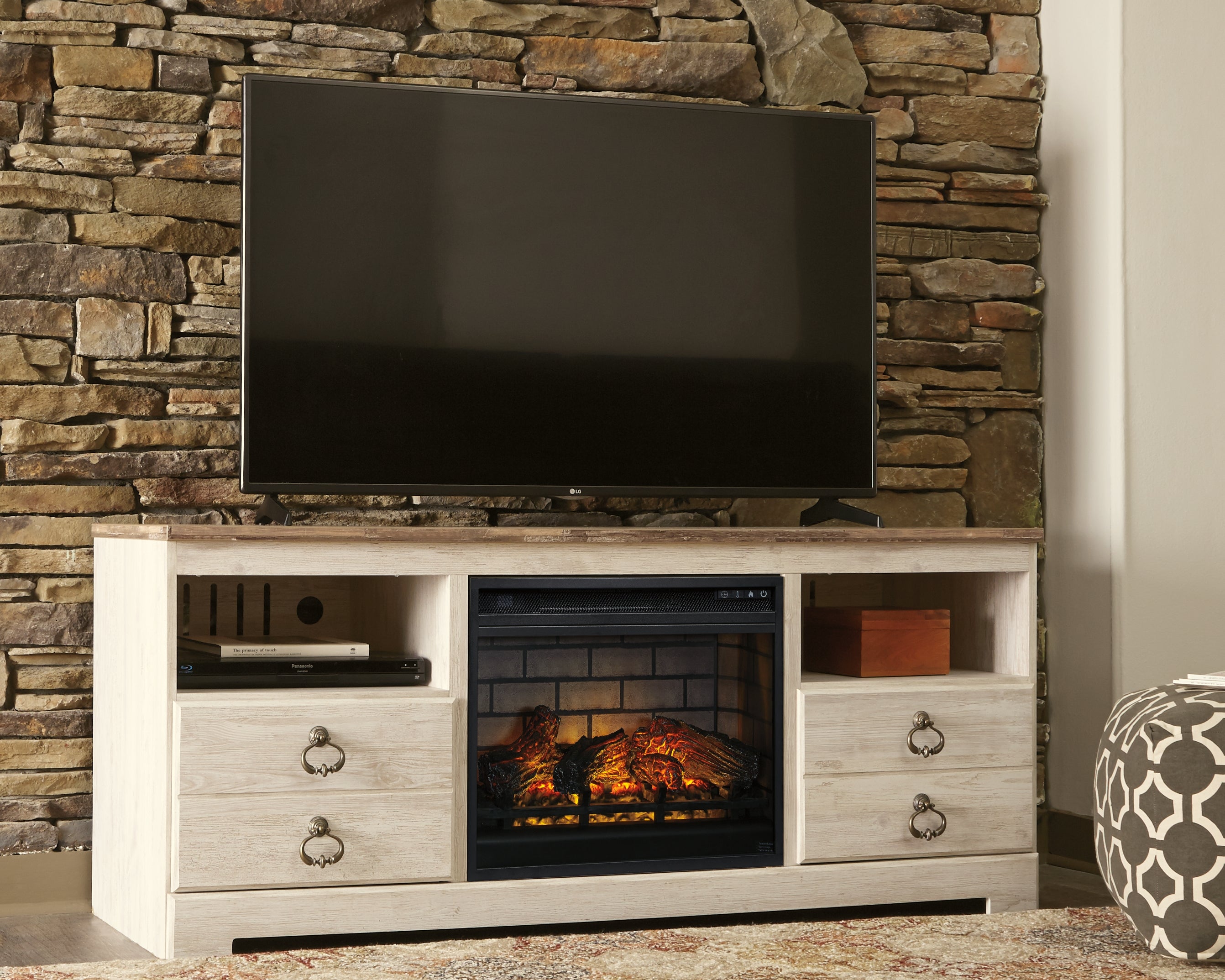 Elite Furniture Outlet - Ashley Furniture - Willowton 64" TV Stand with Electric Fireplace - 64" TV Stand with Electric Fireplace / Whitewash - W267W8