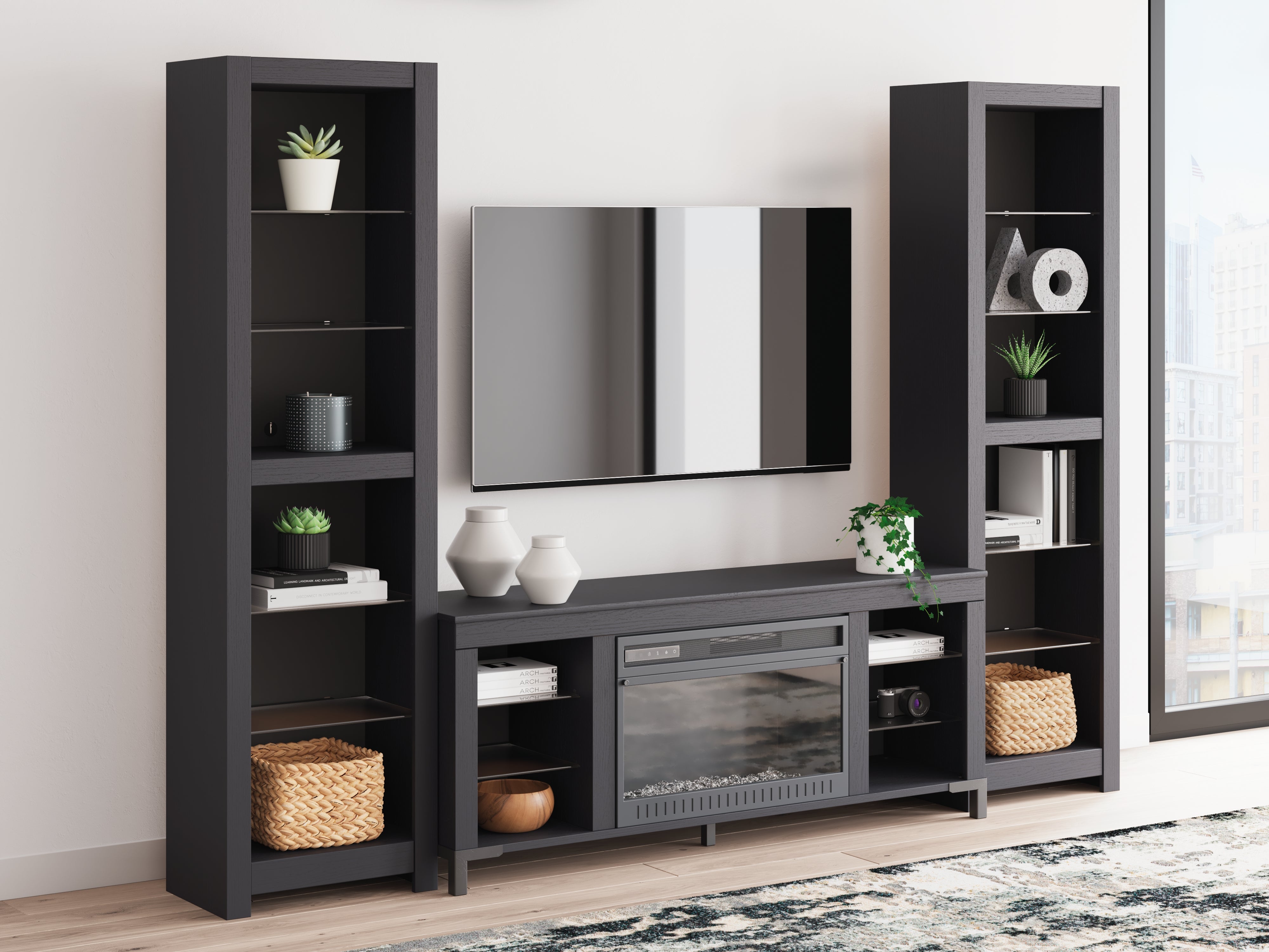 Elite Furniture Outlet - Ashley Furniture - Cayberry 3-Piece Entertainment Center with Electric Fireplace - 3-Piece Entertainment Center with Electric Fireplace / Black - W2721W2