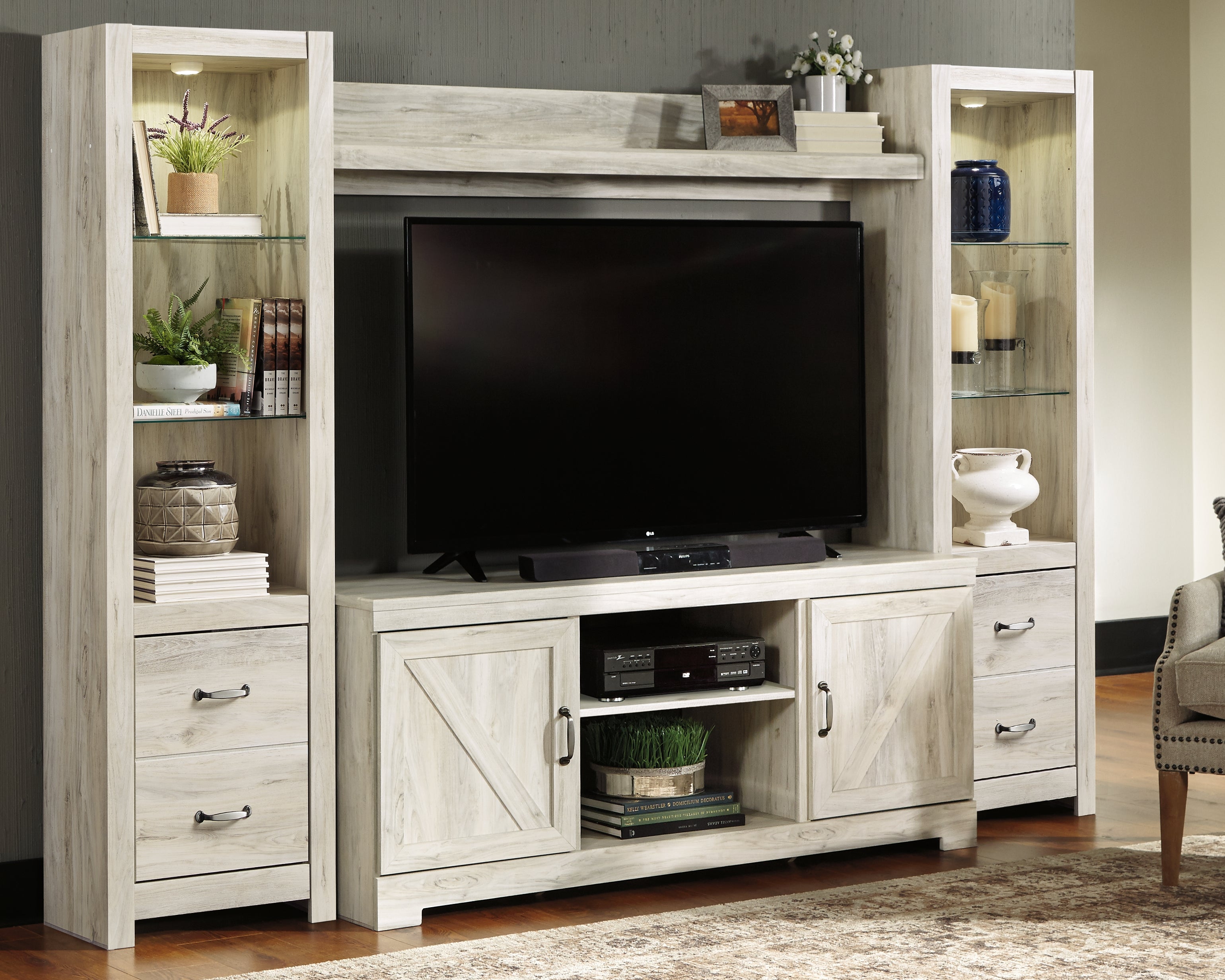 Elite Furniture Outlet - Ashley Furniture - Bellaby Entertainment Center - 4-Piece Entertainment Center / Whitewash - W331W2