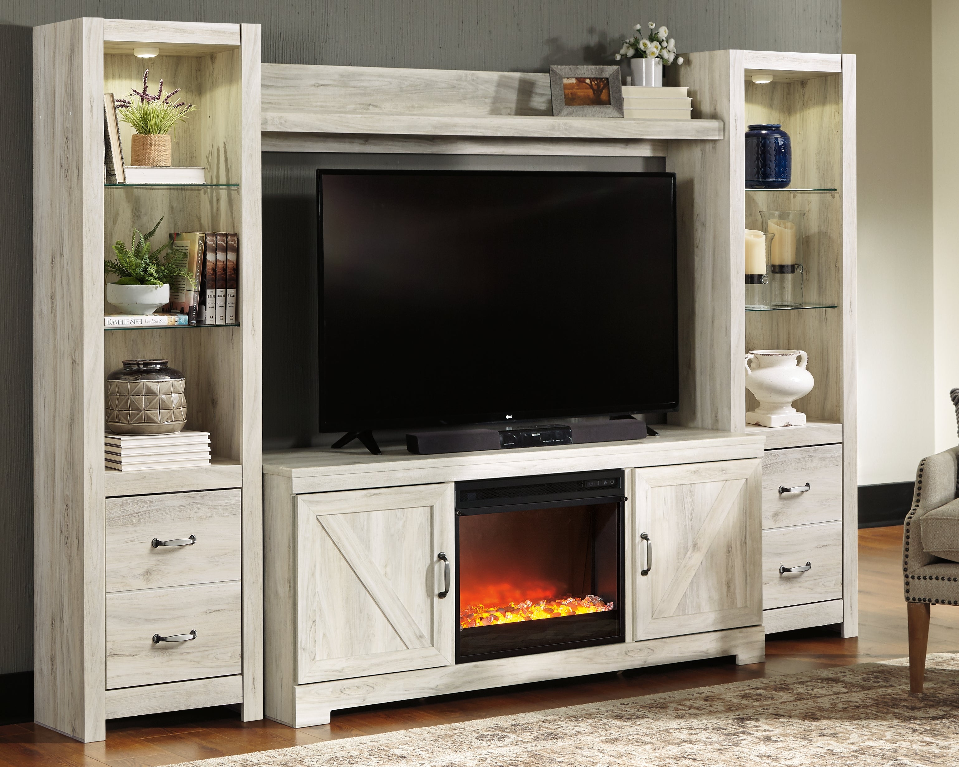 Elite Furniture Outlet - Ashley Furniture - Bellaby 4-Piece Entertainment Center with Fireplace - 4-Piece Entertainment Center with Fireplace / Whitewash - W331W5