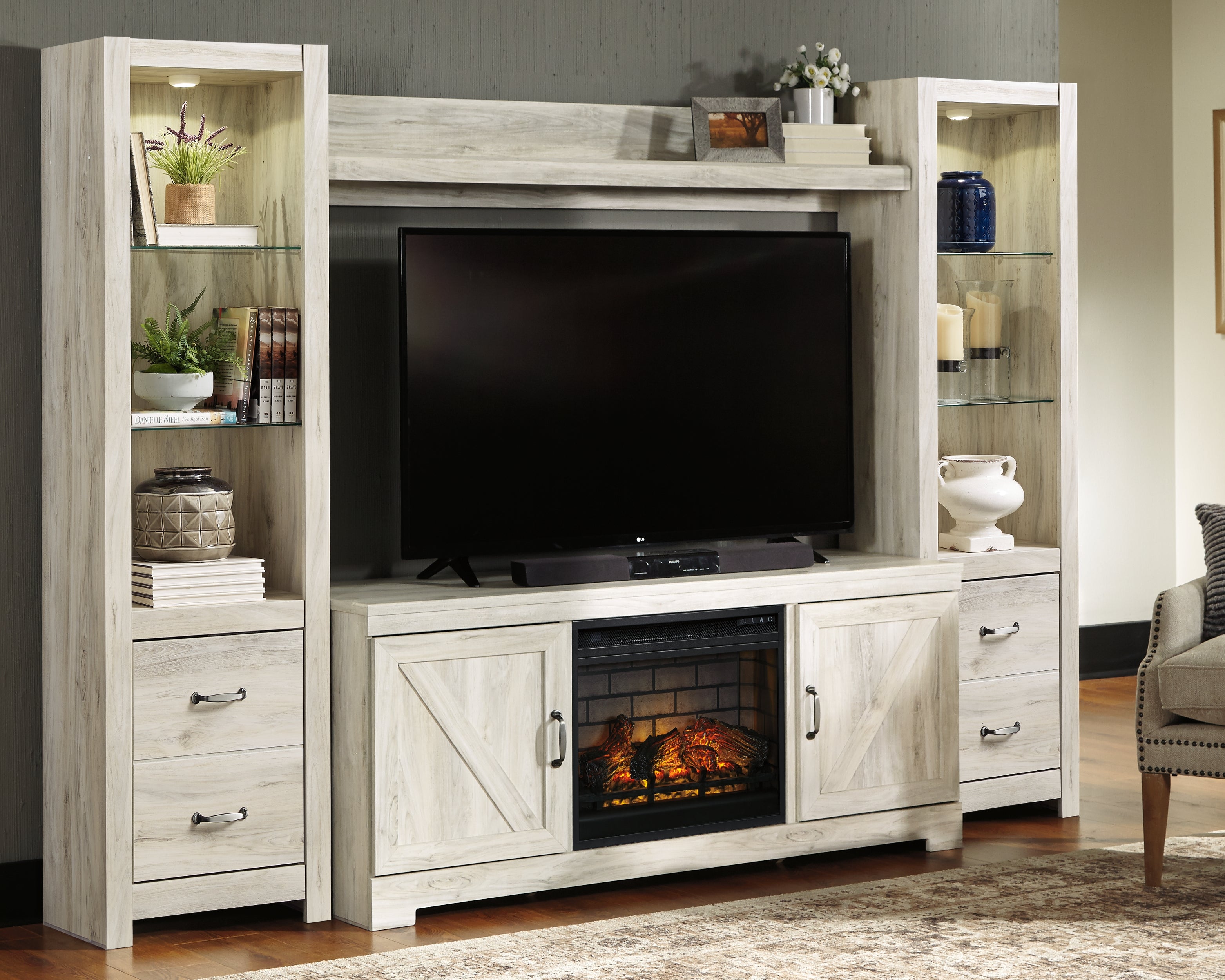 Elite Furniture Outlet - Ashley Furniture - Bellaby 4-Piece Entertainment Center with Electric Fireplace - 4-Piece Entertainment Center with Electric Fireplace / Whitewash - W331W8