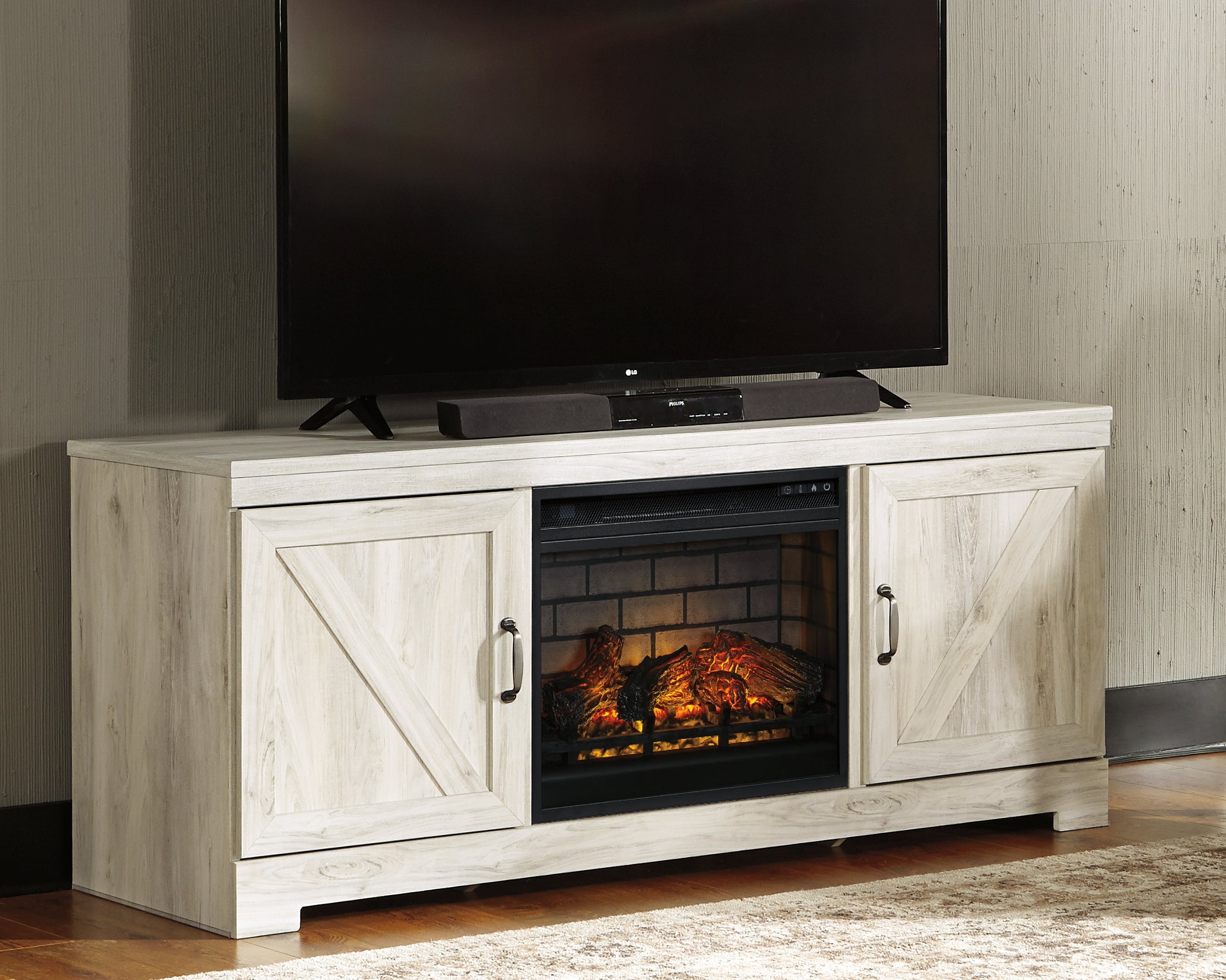 Elite Furniture Outlet - Ashley Furniture - Bellaby 63" TV Stand with Electric Fireplace - 63" TV Stand with Electric Fireplace / Whitewash - W331W9