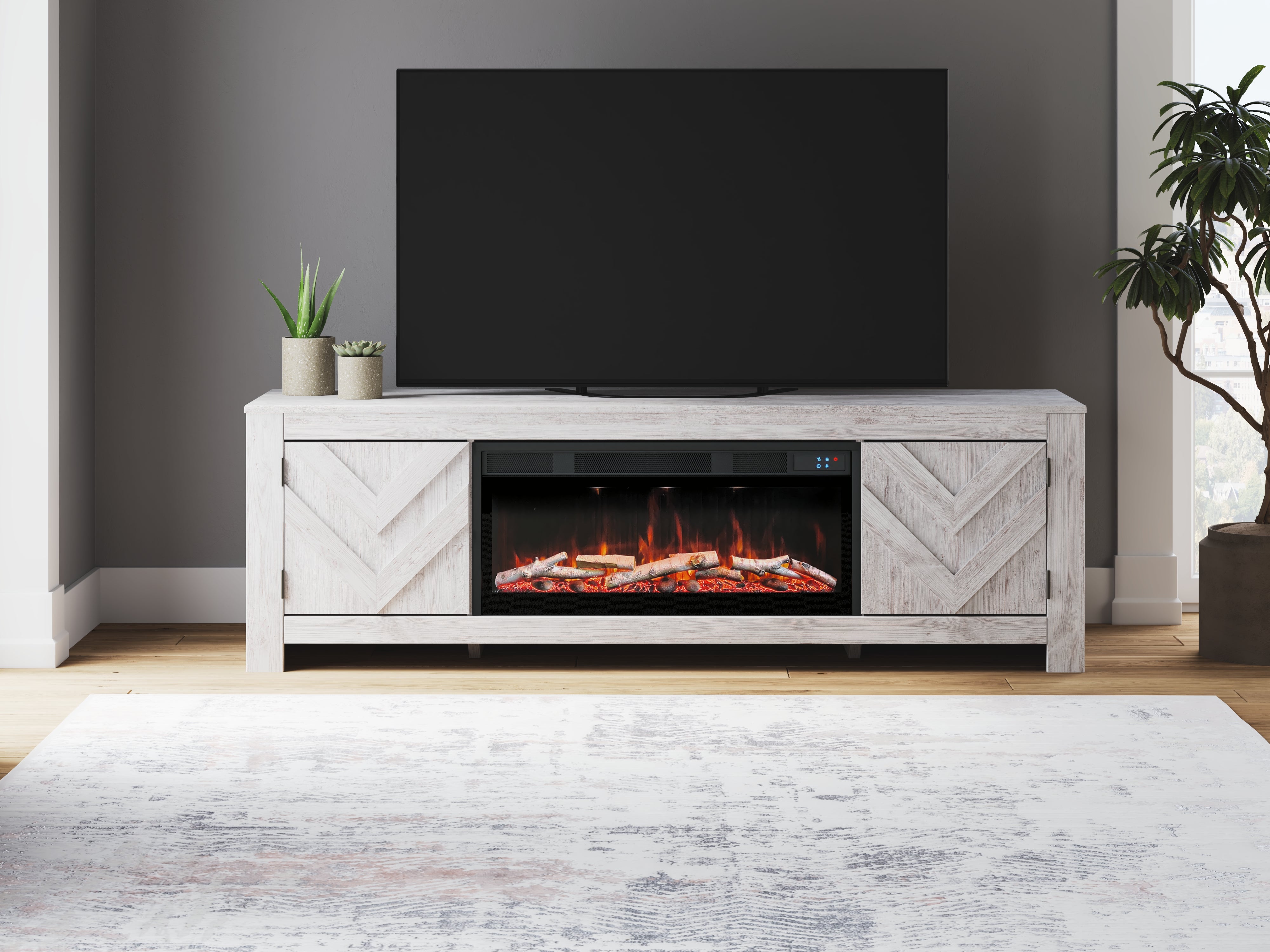 Elite Furniture Outlet - Ashley Furniture - Cayboni 71" TV Stand with Electric Fireplace - 71" TV Stand with Electric Fireplace / Whitewash - W3788W1