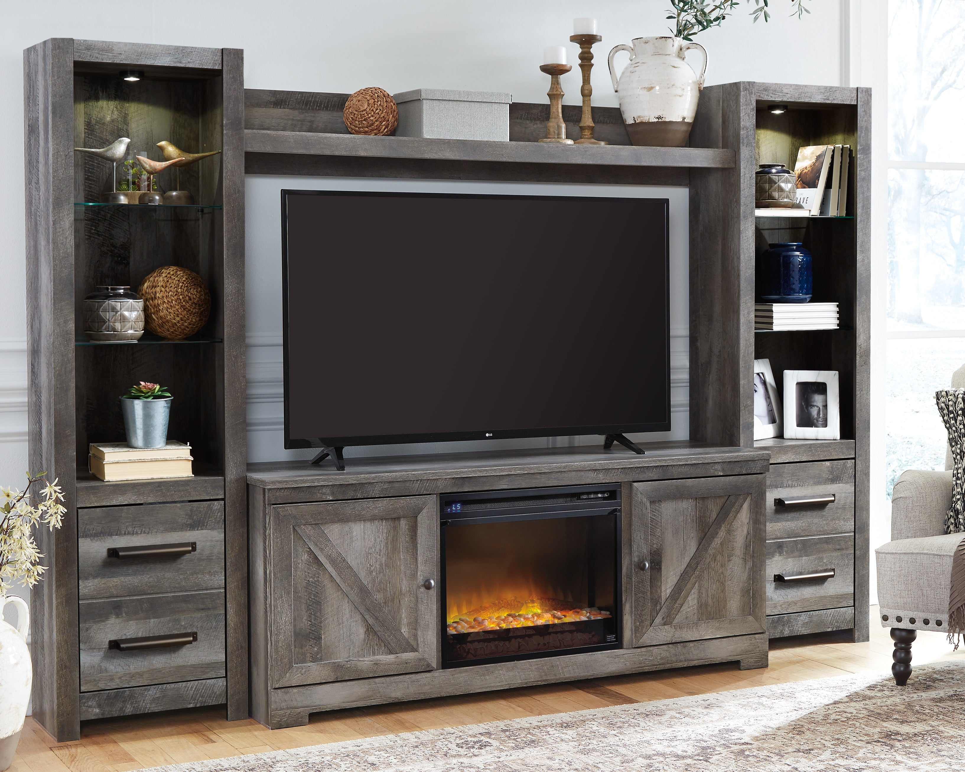 Elite Furniture Outlet - Ashley Furniture - Wynnlow 4-Piece Entertainment Center with Electric Fireplace - 4-Piece Entertainment Center with Electric Fireplace / Gray - W440W5