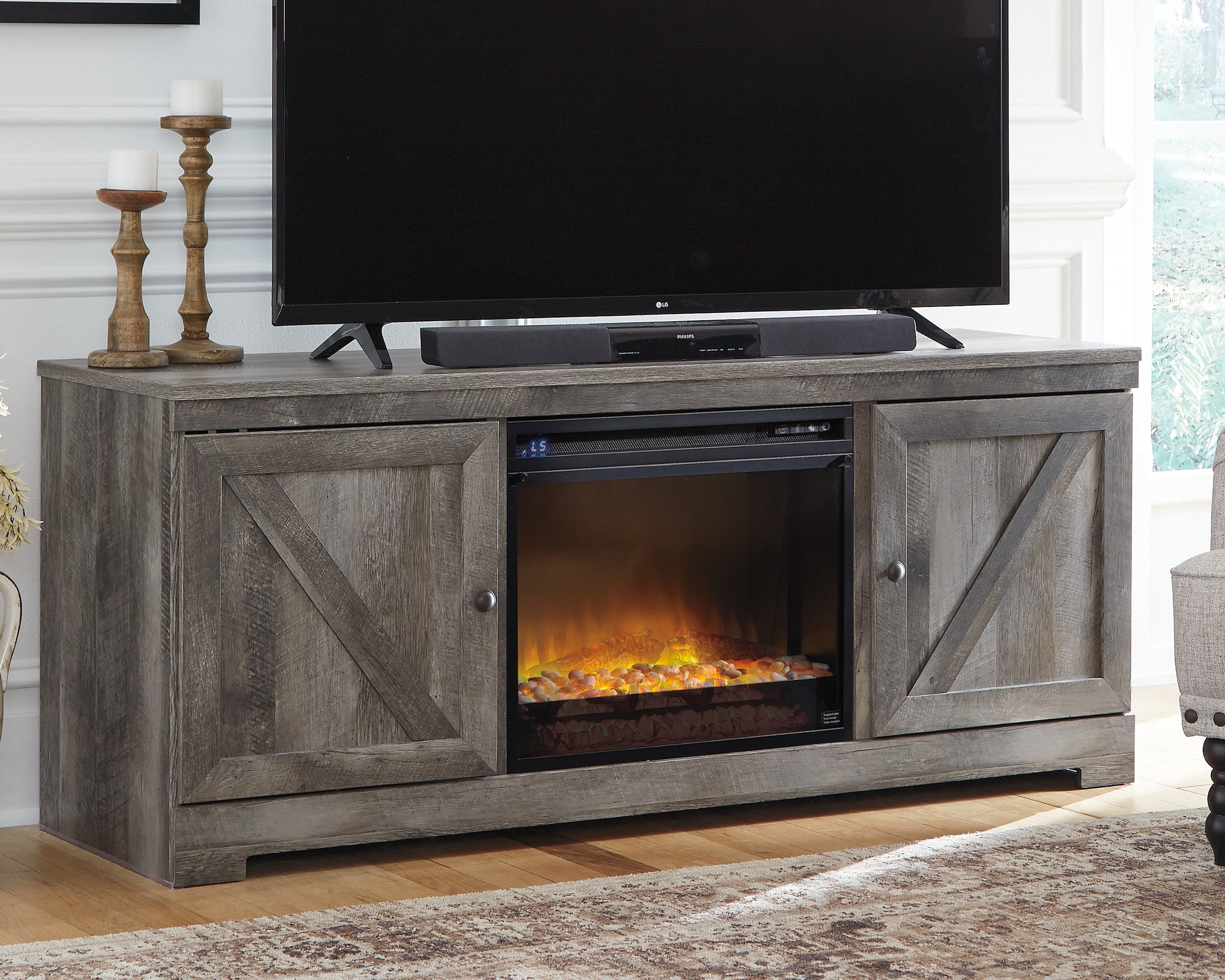 Elite Furniture Outlet - Ashley Furniture - Wynnlow 63" TV Stand with Electric Fireplace - 63" TV Stand with Electric Fireplace / Gray - W440W4
