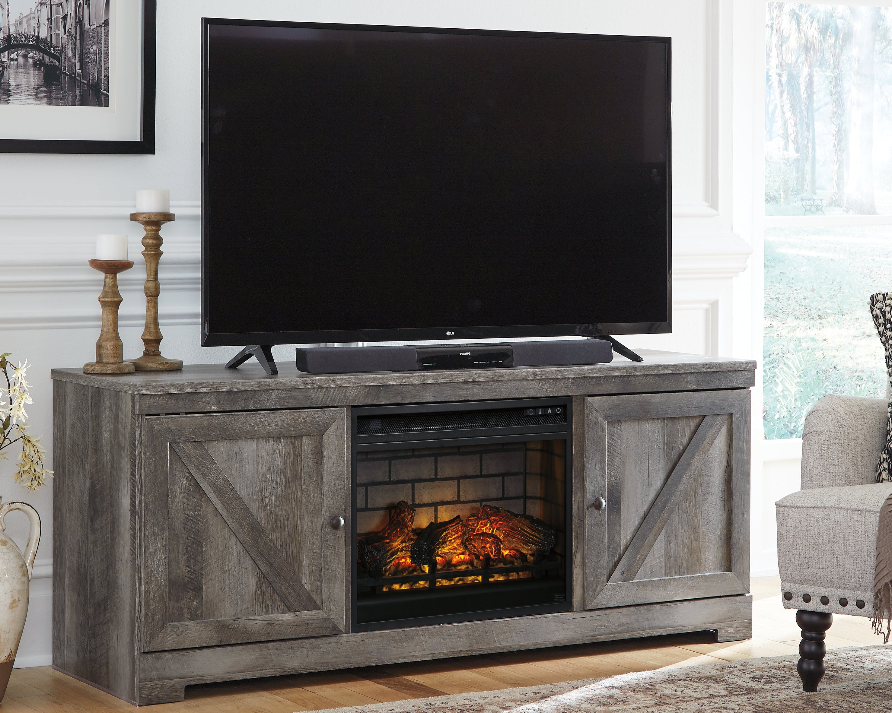 Elite Furniture Outlet - Ashley Furniture - Wynnlow 63" TV Stand with Electric Fireplace - 63" TV Stand with Electric Fireplace / Gray - W440W9