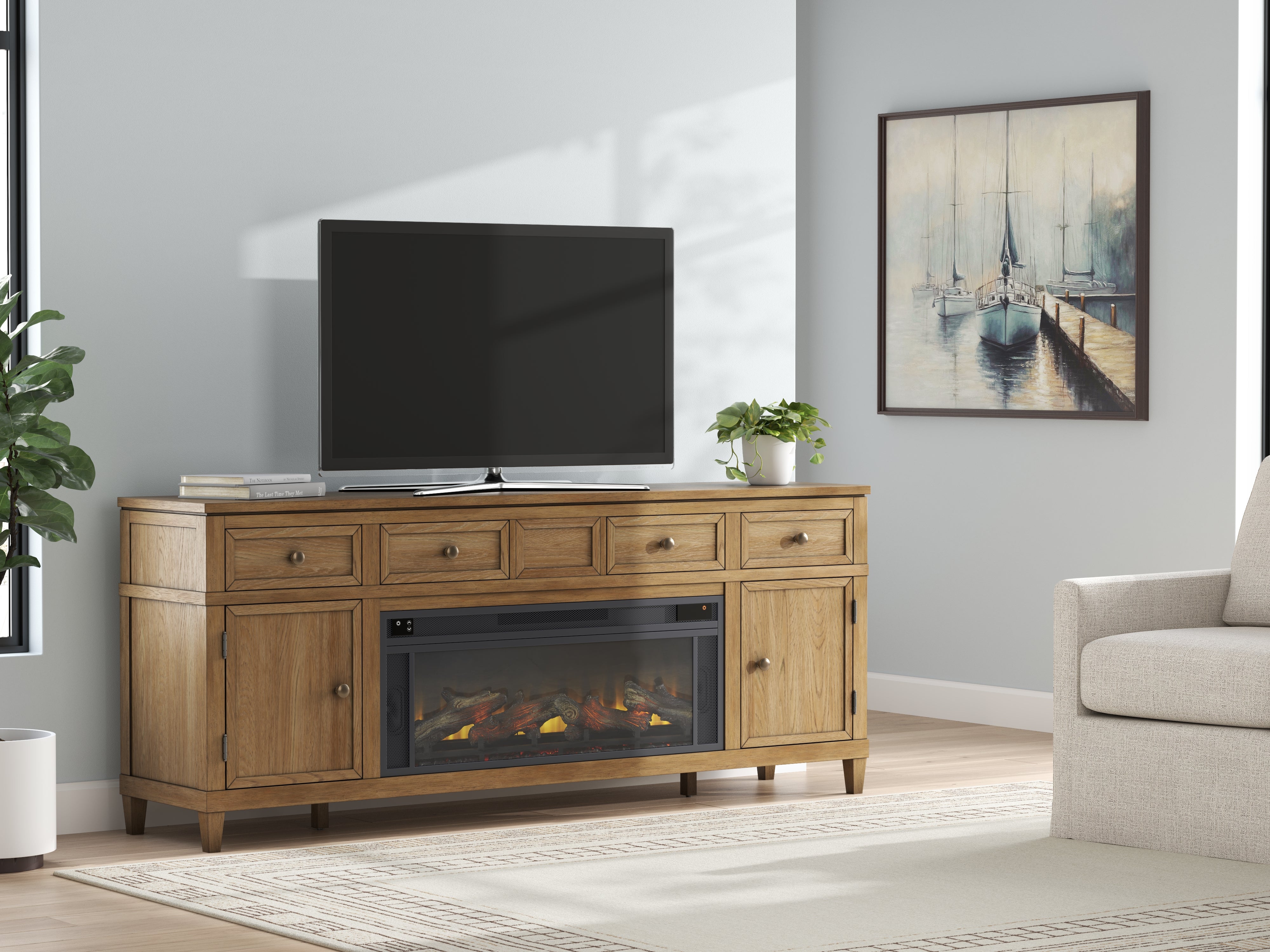Elite Furniture Outlet - Ashley Furniture - Sharlance 81" TV Stand with Electric Fireplace - 81" TV Stand with Electric Fireplace / Light Brown - W655W1