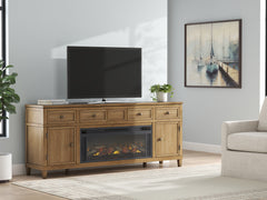 Elite Furniture Outlet - Ashley Furniture - Sharlance 81" TV Stand with Electric Fireplace - 81" TV Stand with Electric Fireplace / Light Brown - W655W1