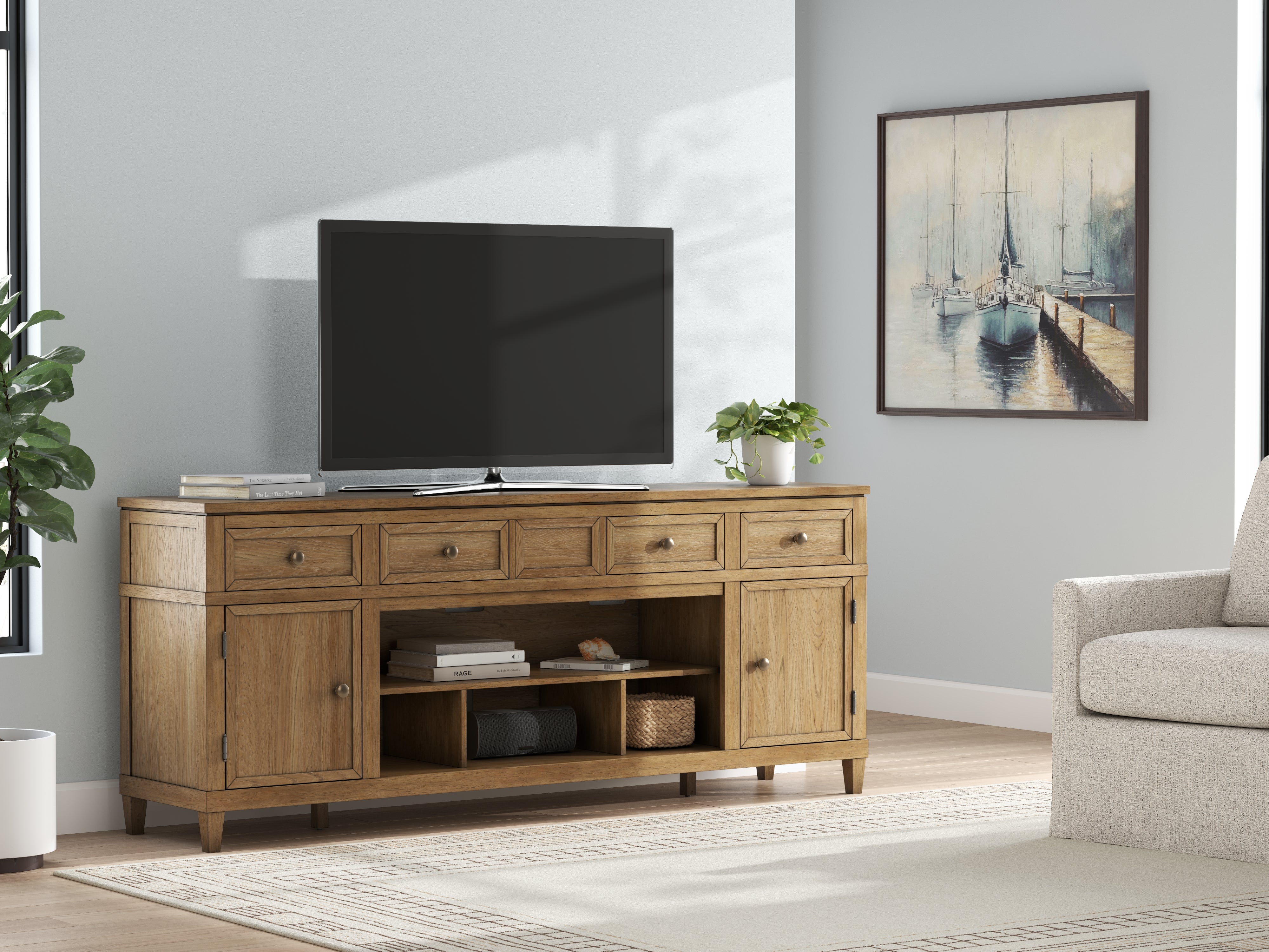 Elite Furniture Outlet - Ashley Furniture - Sharlance 81" TV Stand - 81" / Light Brown - W655-68