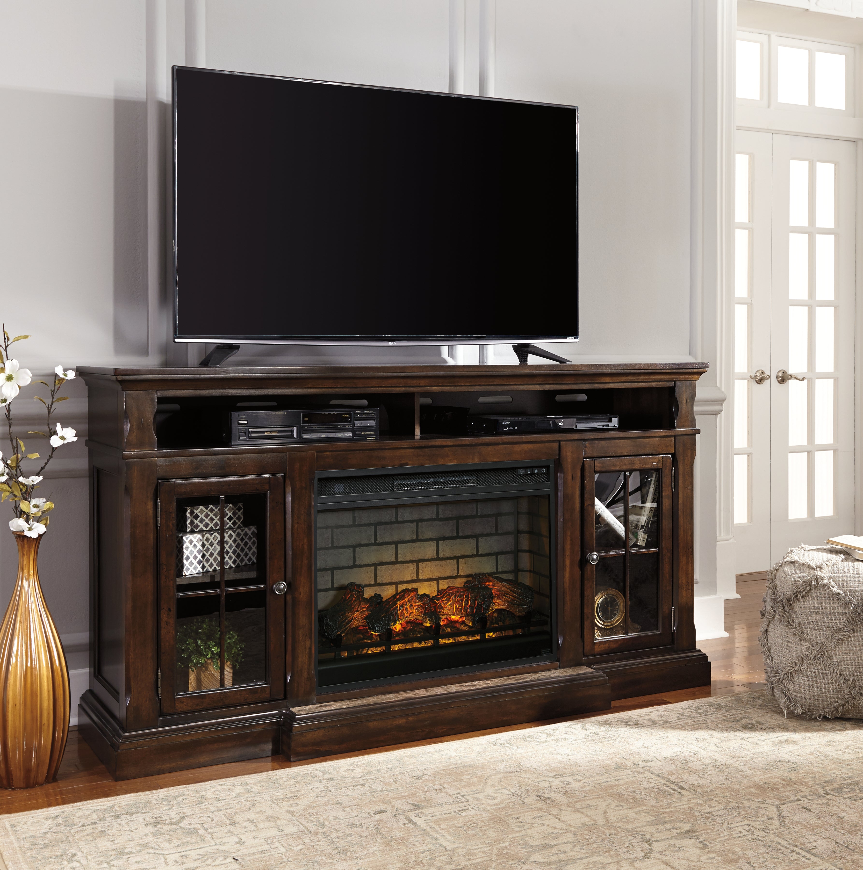 Elite Furniture Outlet - Ashley Furniture - Roddinton 72" TV Stand with Electric Fireplace - 72" TV Stand with Electric Fireplace / Dark Brown - W701W8