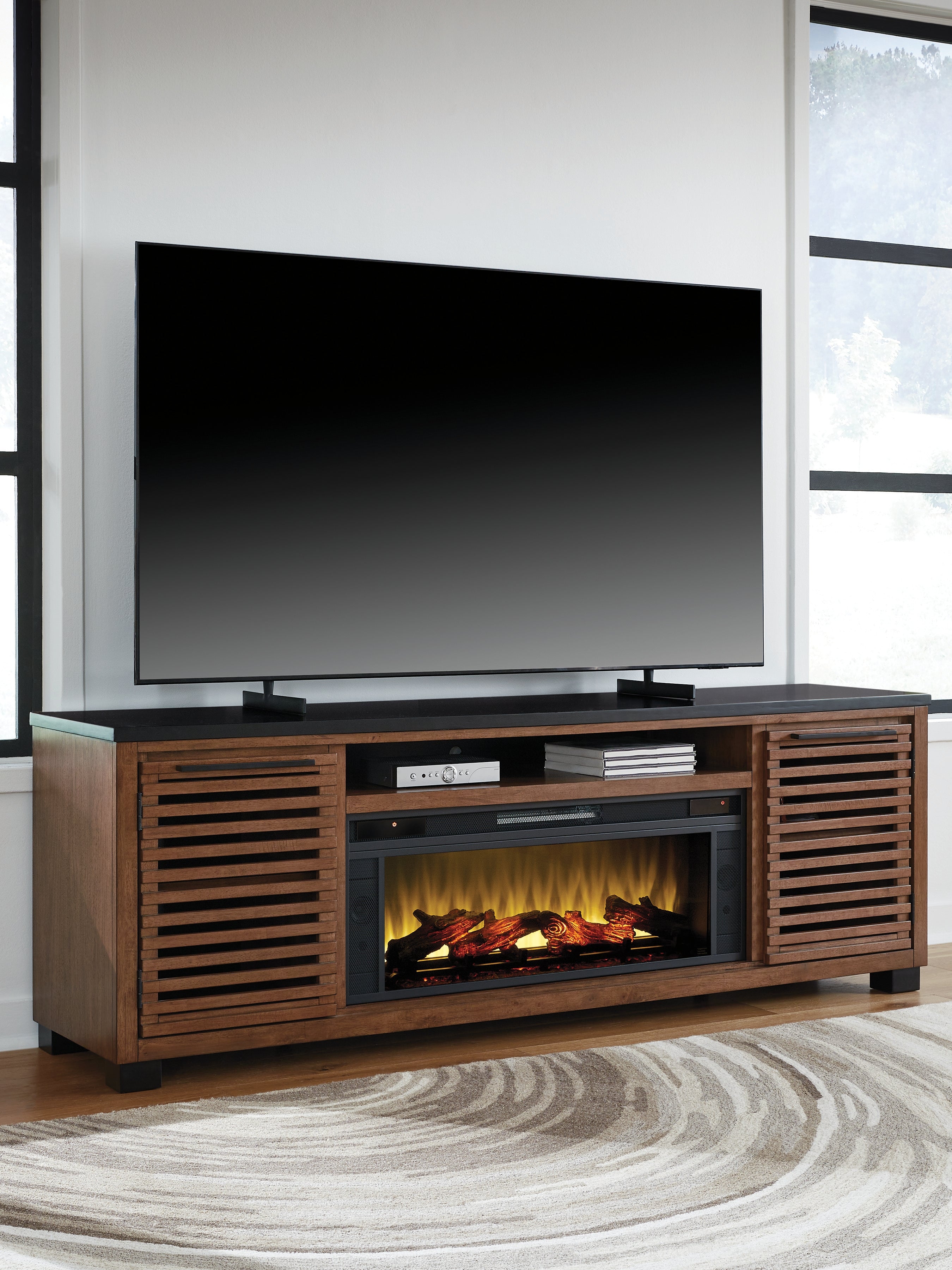 Elite Furniture Outlet - Ashley Furniture - Kallari 84" TV Stand with Electric Fireplace - 84" TV Stand with Electric Fireplace / Warm Brown/Black - W737W1