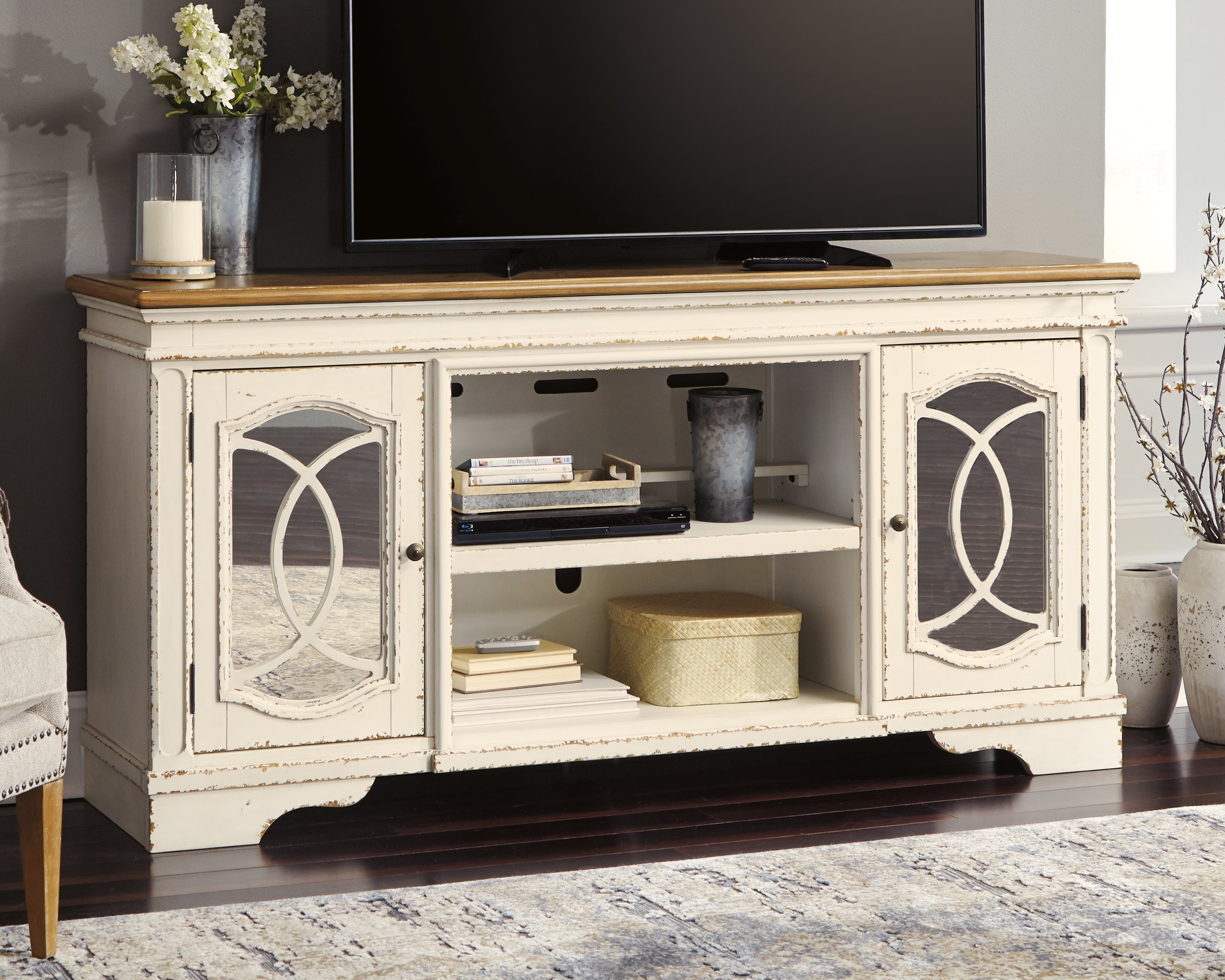 Elite Furniture Outlet - Ashley Furniture - Realyn 74" TV Stand - 74" / Chipped White - W743-68
