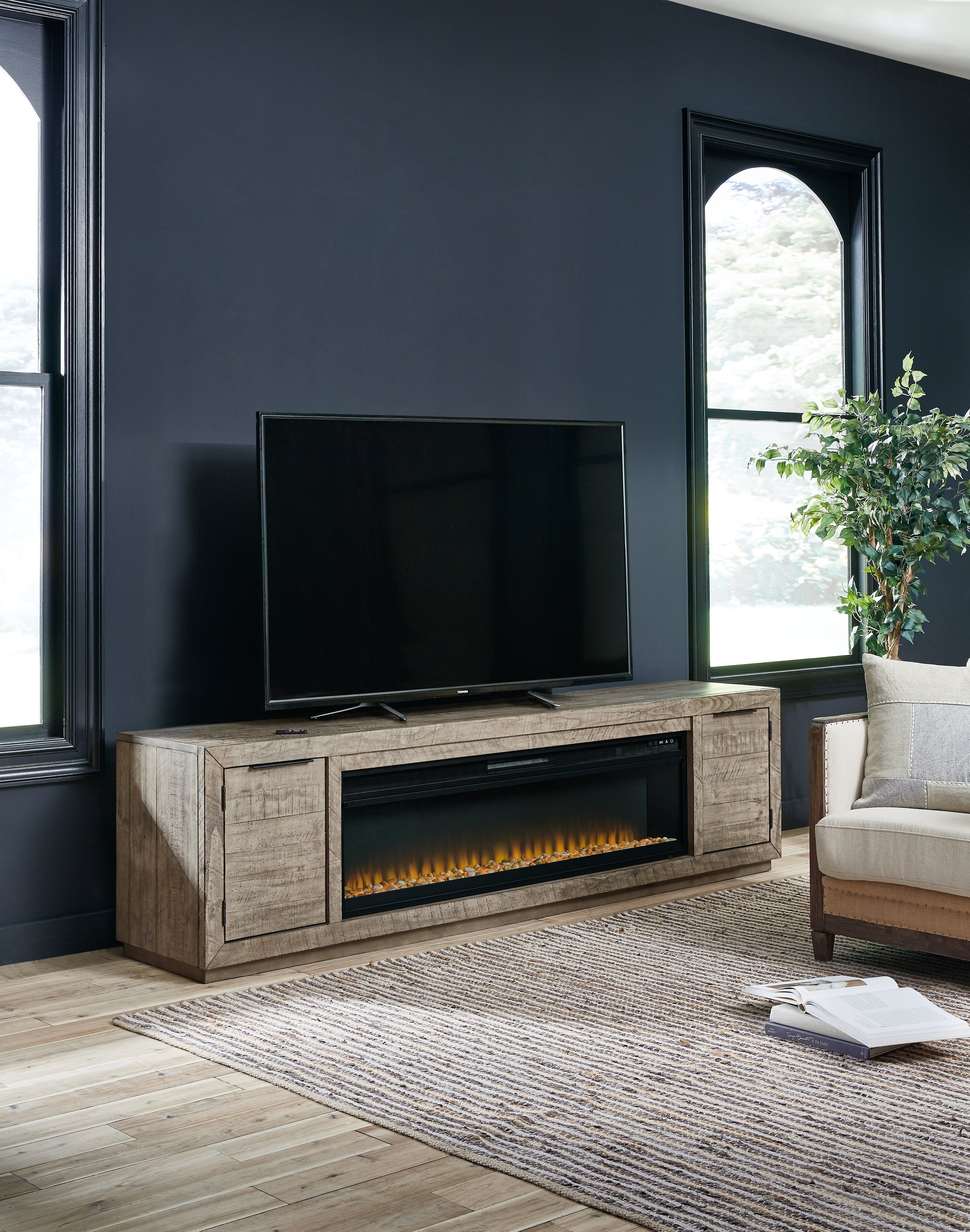 Elite Furniture Outlet - Ashley Furniture - Krystanza TV Stand with Electric Fireplace - TV Stand with Electric Fireplace / Weathered Gray - W760W1