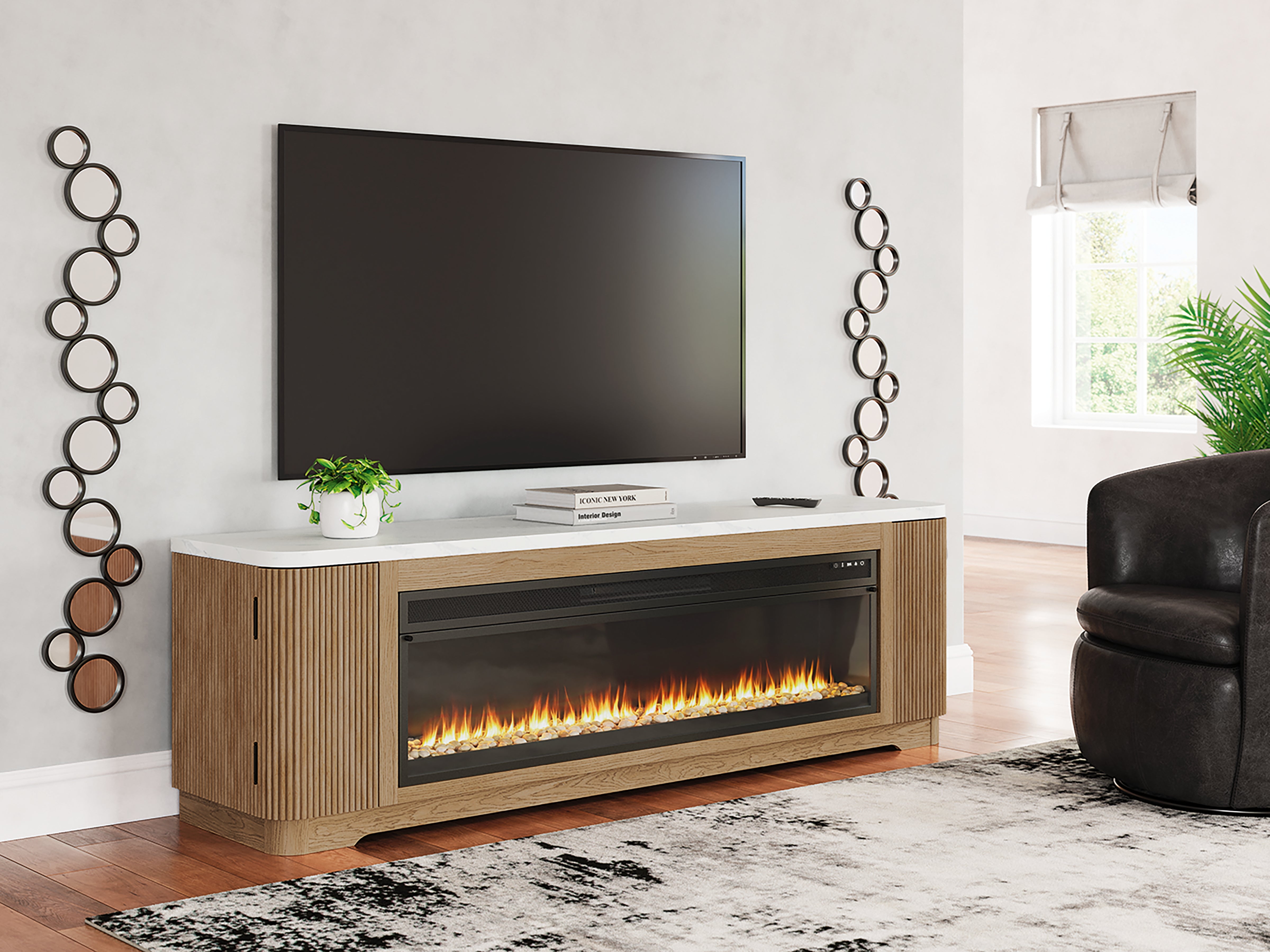 Elite Furniture Outlet - Ashley Furniture - Camdill 80" TV Stand with Electric Fireplace - 80" TV Stand with Electric Fireplace / Light Brown - W808W1