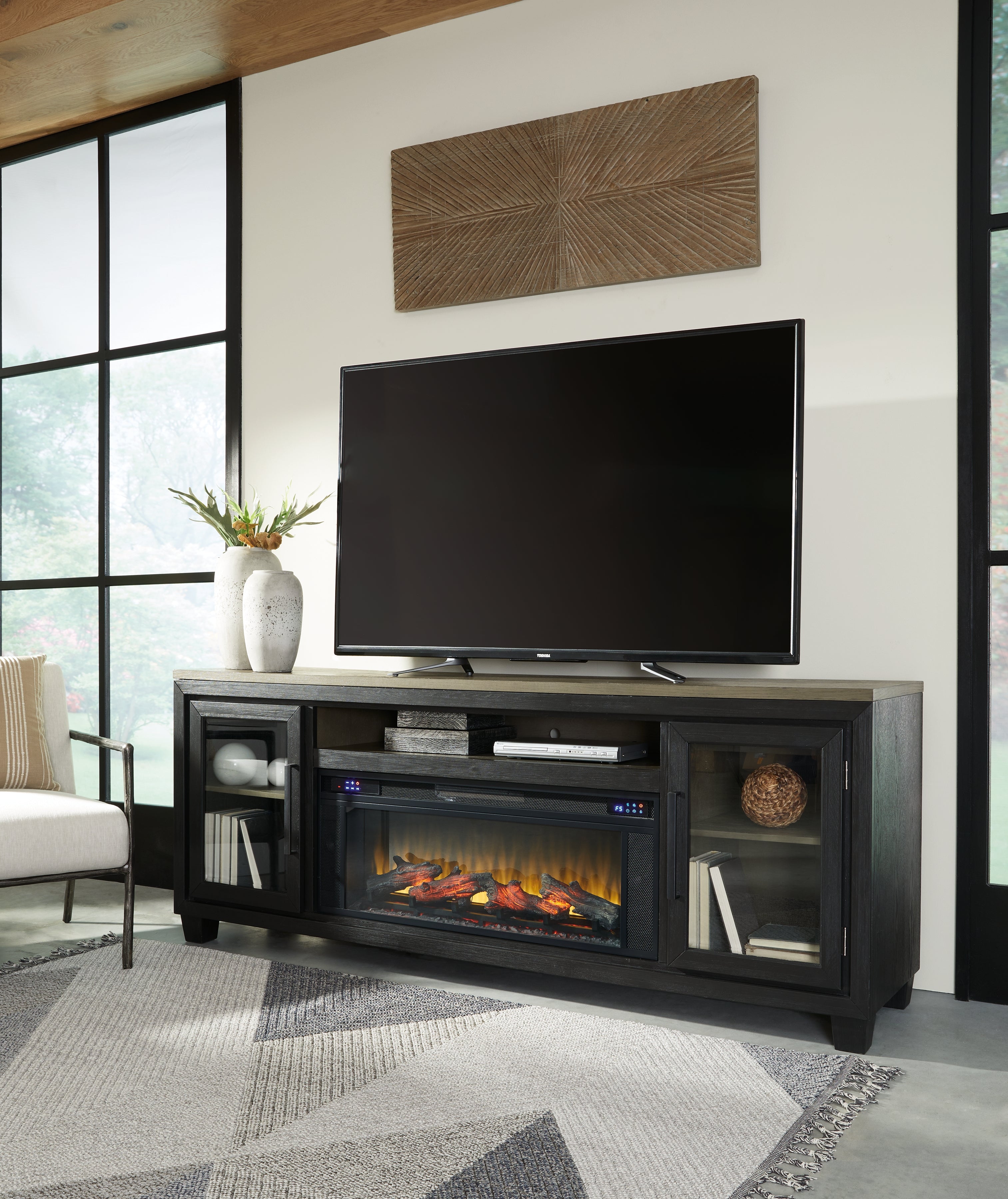 Elite Furniture Outlet - Ashley Furniture - Foyland 83" TV Stand with Electric Fireplace - 83" TV Stand with Electric Fireplace / Black/Brown - W989W1