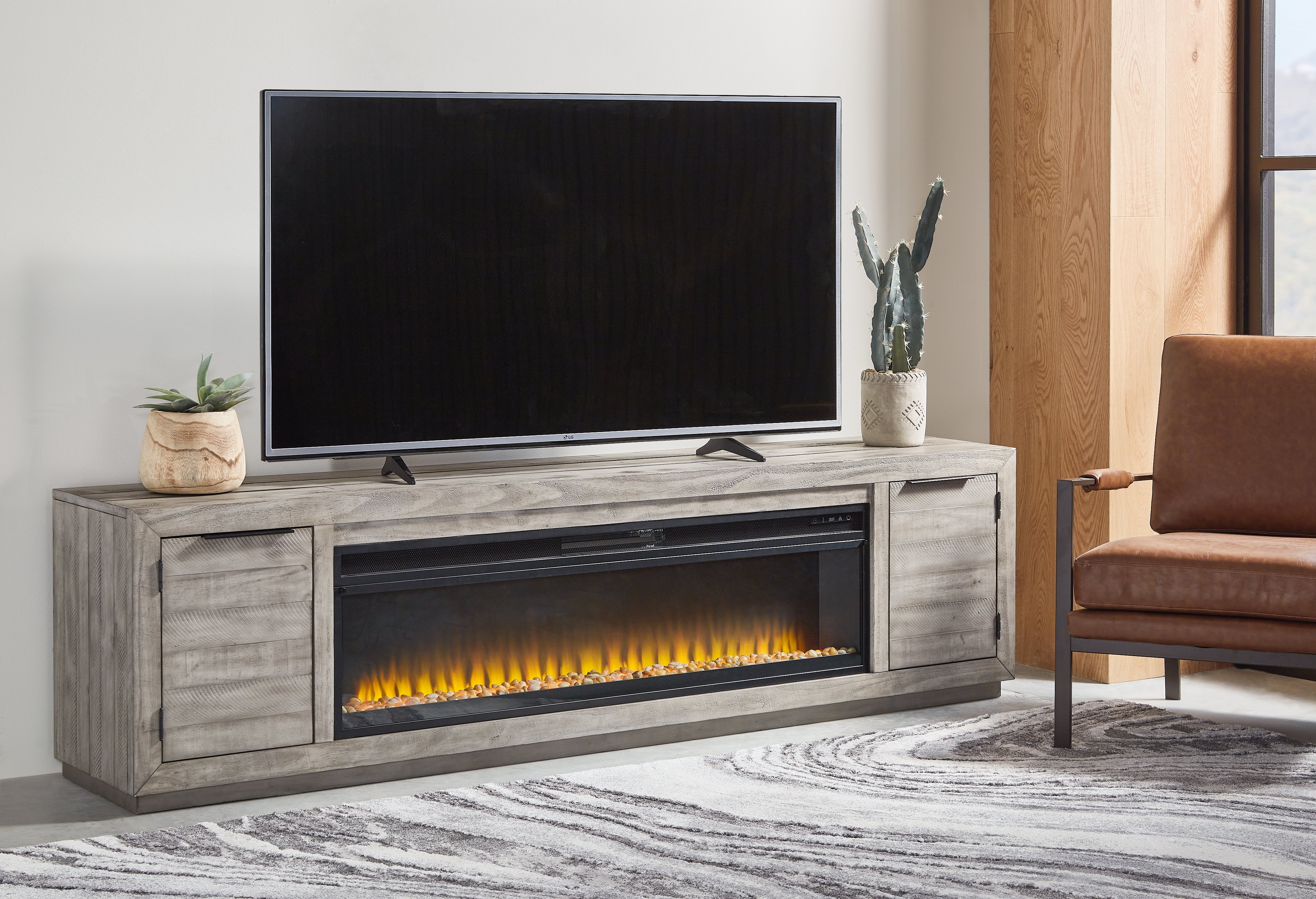 Elite Furniture Outlet - Ashley Furniture - Naydell 92" TV Stand with Electric Fireplace - 92" TV Stand with Electric Fireplace / Gray - W996W1