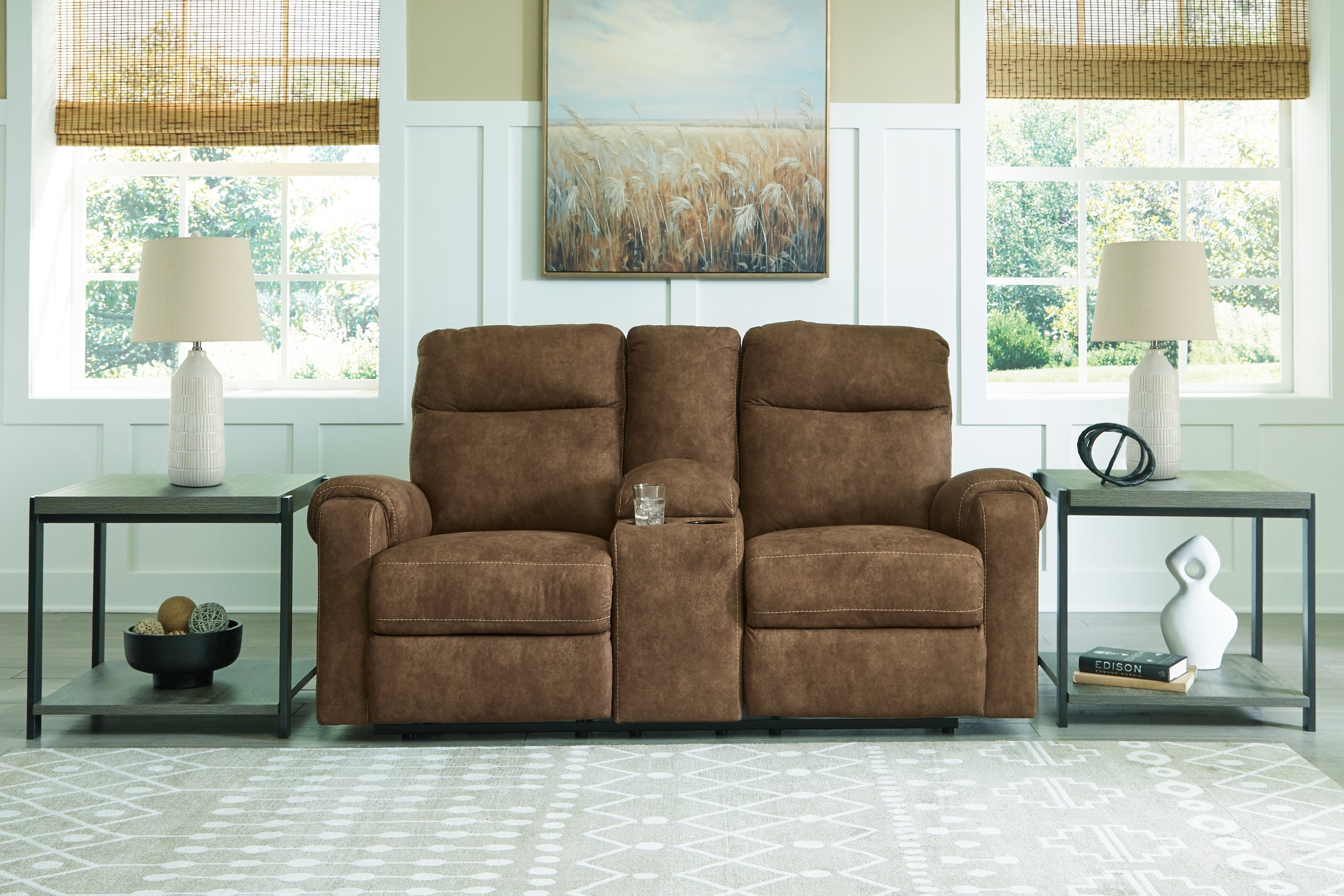 Elite Furniture Outlet - Ashley Furniture - Edenwold Living Room - DBL Rec Loveseat w/Console / Brindle - 1380594