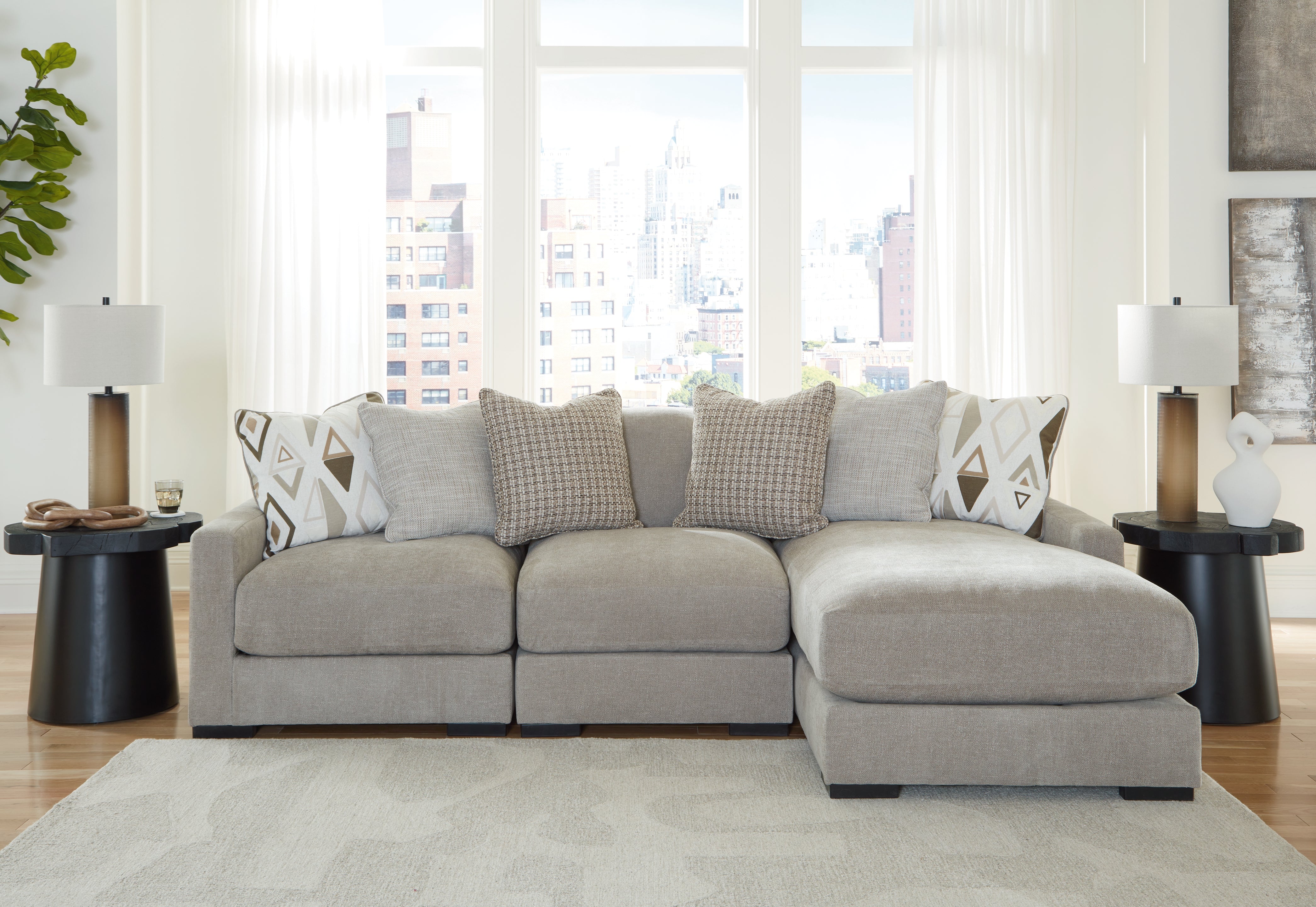 Elite Furniture Outlet - Ashley Furniture - Aslan Court Sectional - RAF 3-Piece Sofa Sectional with Chaise / Pebble - 20305S4