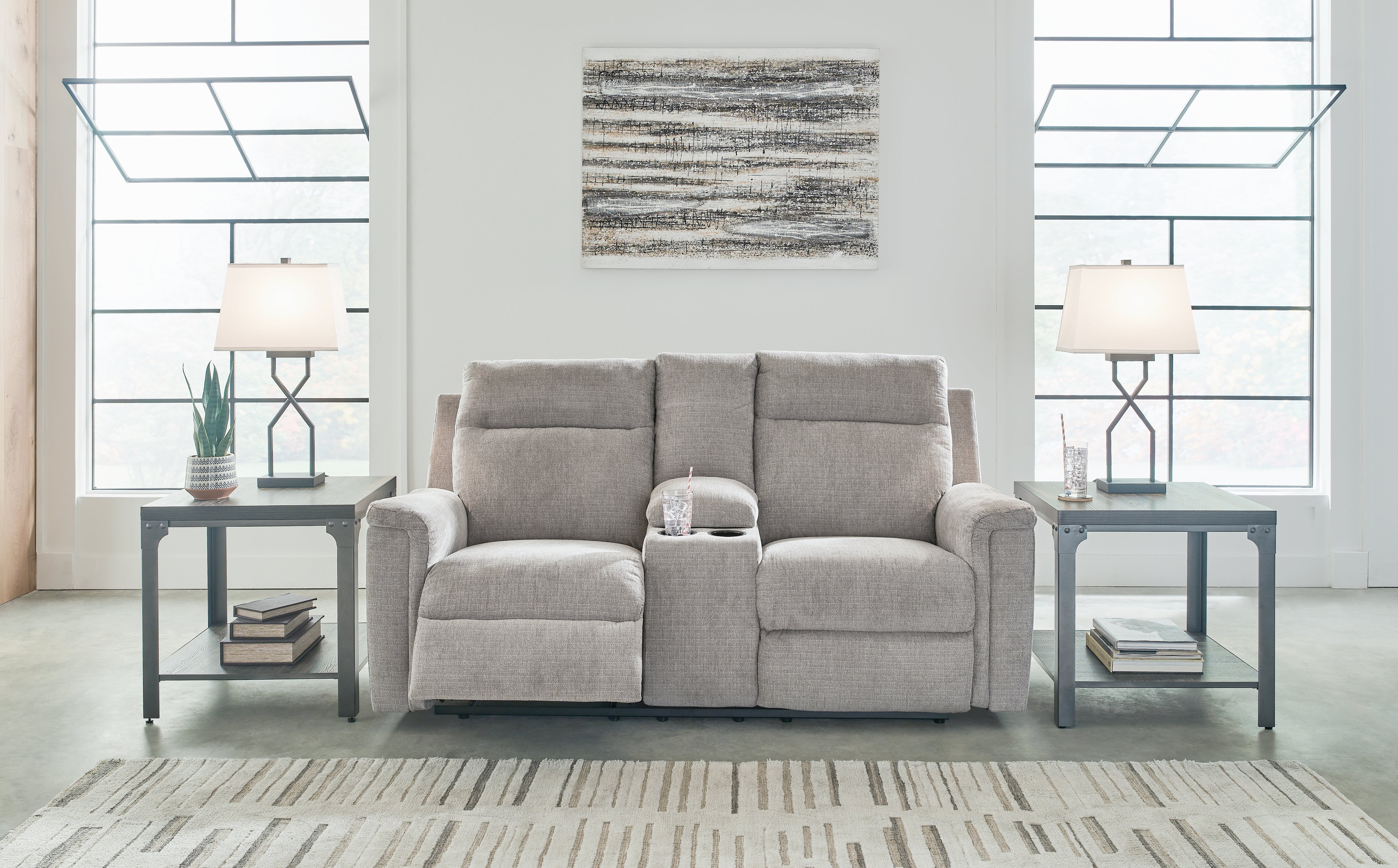 Elite Furniture Outlet - Ashley Furniture - Barnsana Living Room - DBL REC PWR Loveseat w/Console / Ash - 3320196