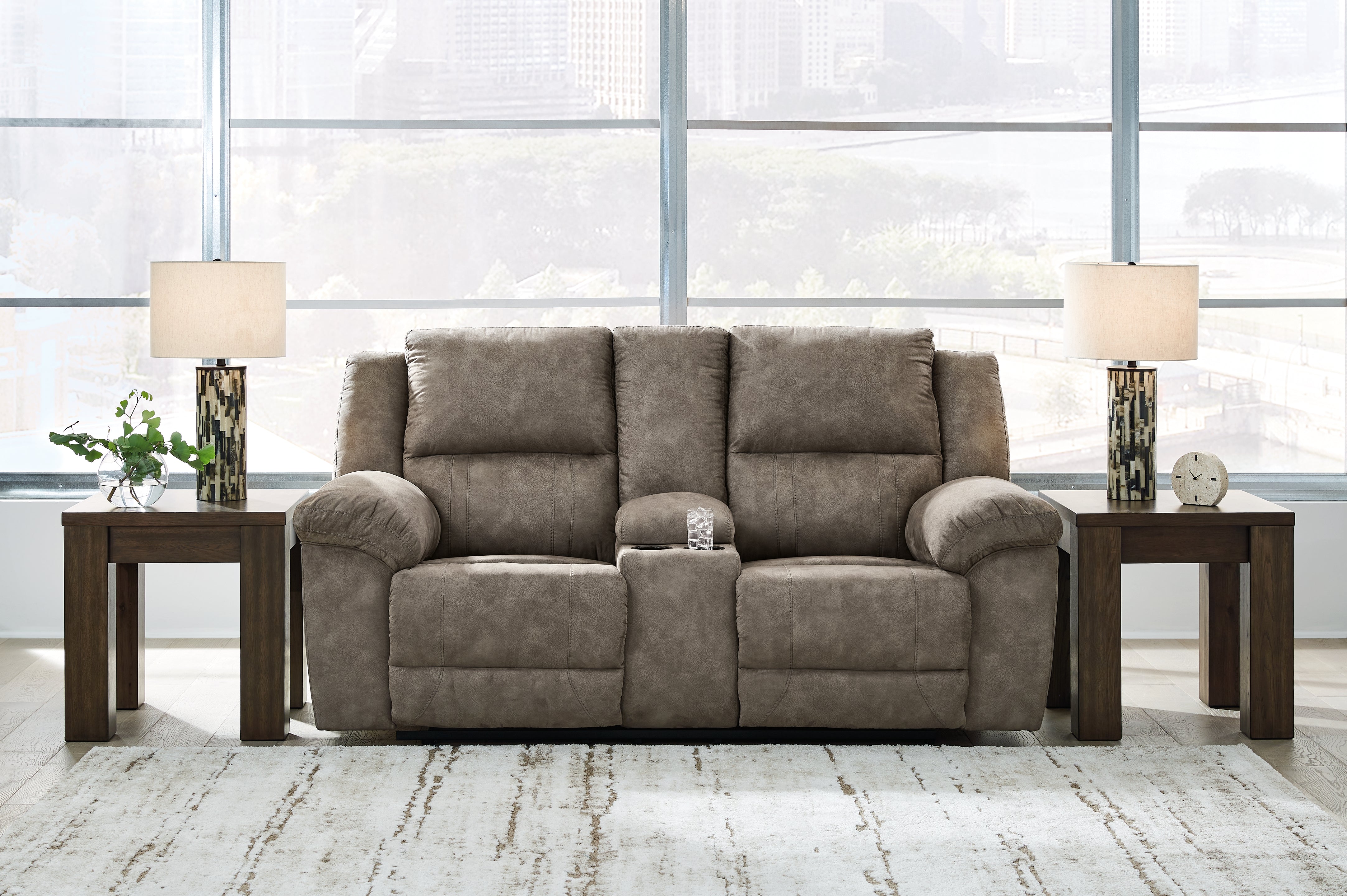 Elite Furniture Outlet - Ashley Furniture - Laresview Living Room - DBL Rec Loveseat w/Console / Fossil - 3720394