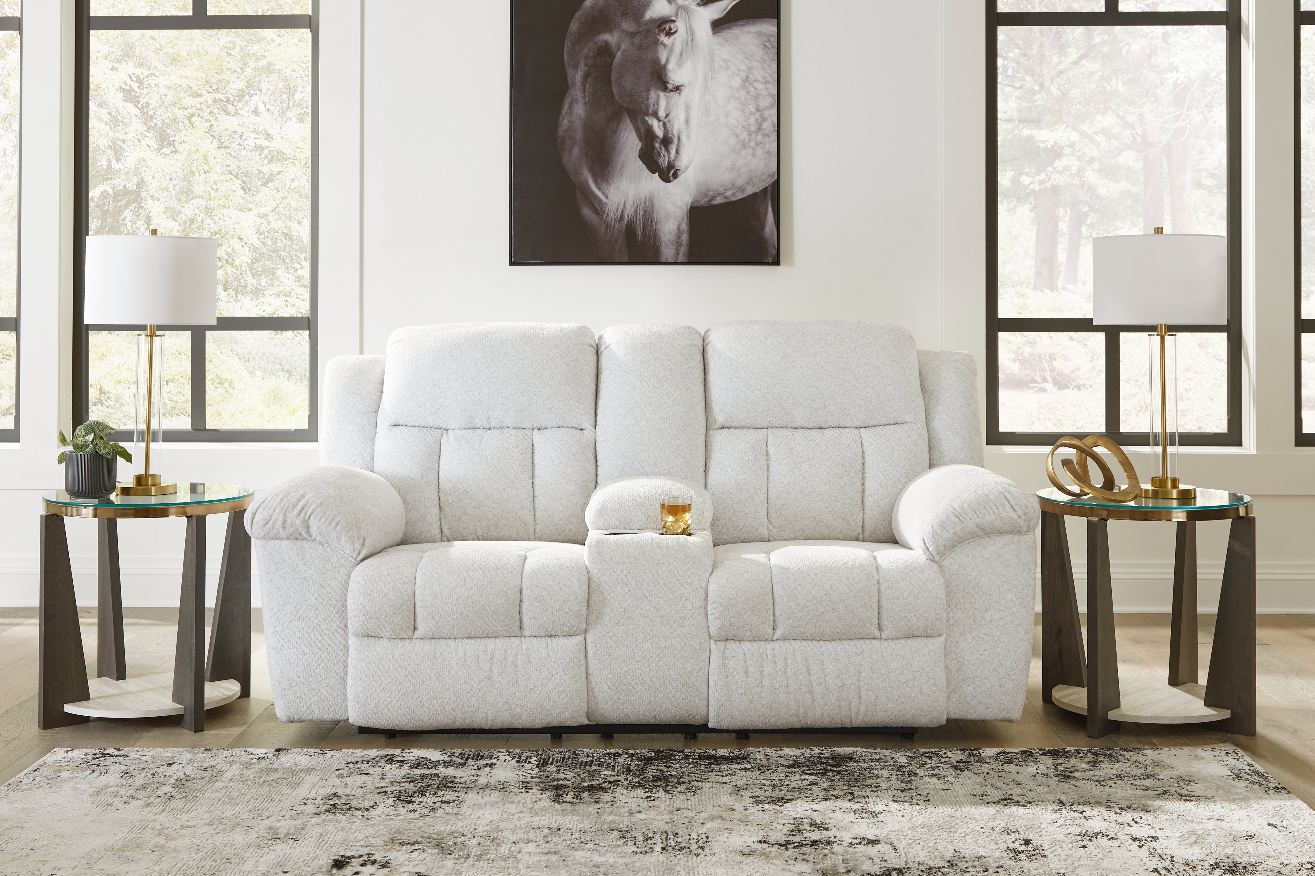 Elite Furniture Outlet - Ashley Furniture - Frohn Living Room - DBL Rec Loveseat w/Console / Snow - 3740594