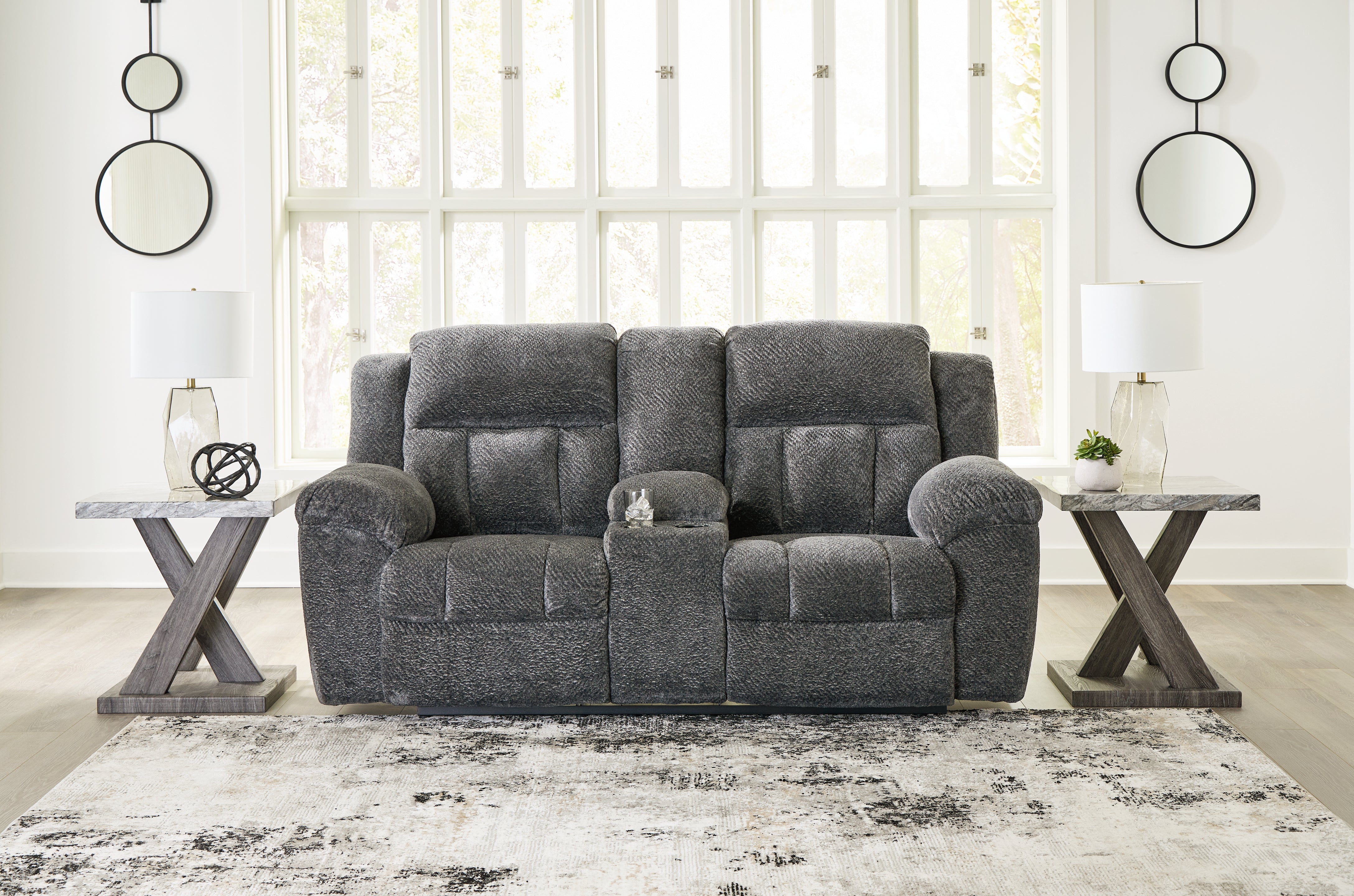 Elite Furniture Outlet - Ashley Furniture - Frohn Living Room - DBL Rec Loveseat w/Console / Graphite - 3740694