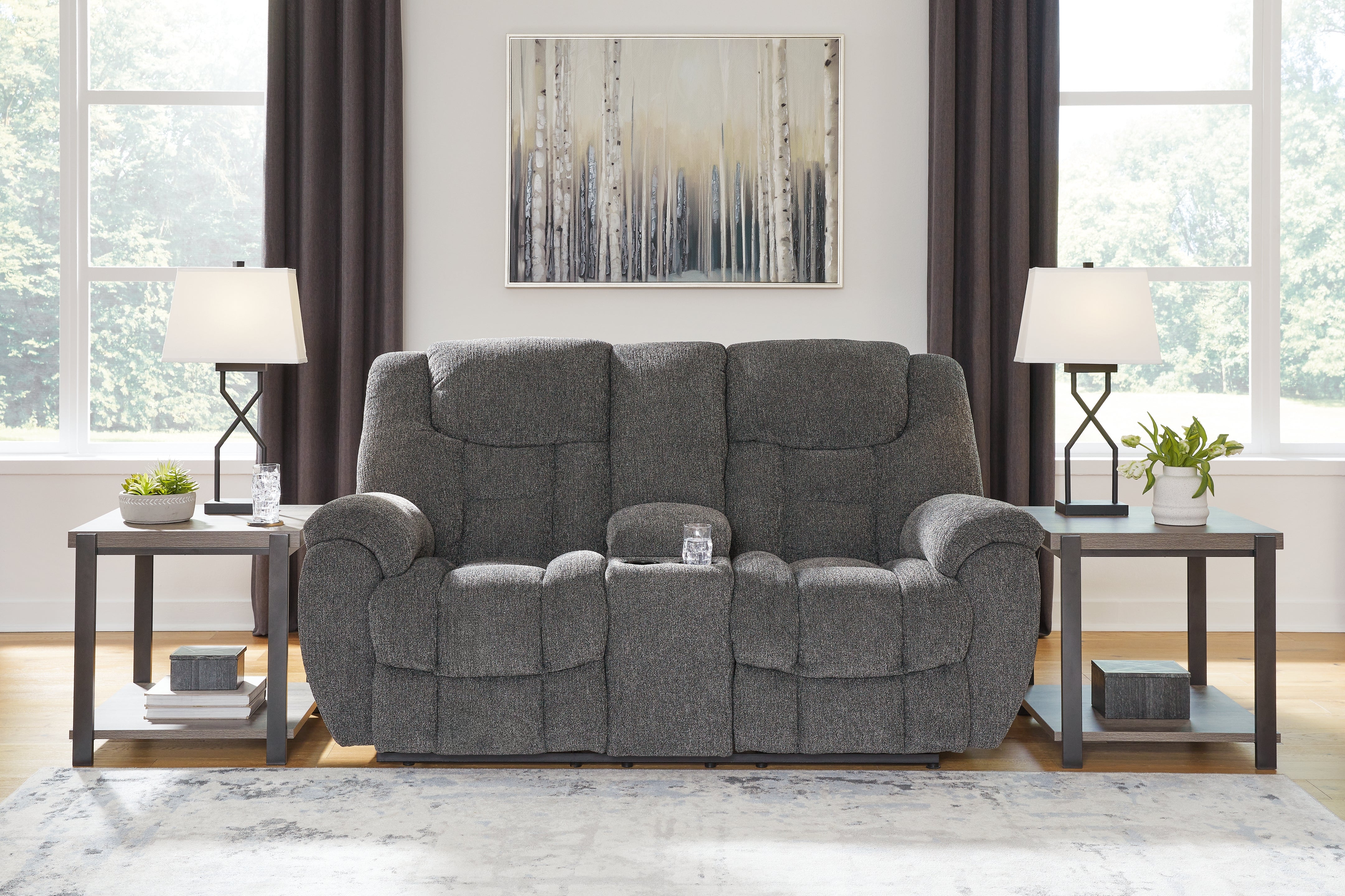 Elite Furniture Outlet - Ashley Furniture - Foreside Living Room - DBL Rec Loveseat w/Console / Charcoal - 3810494