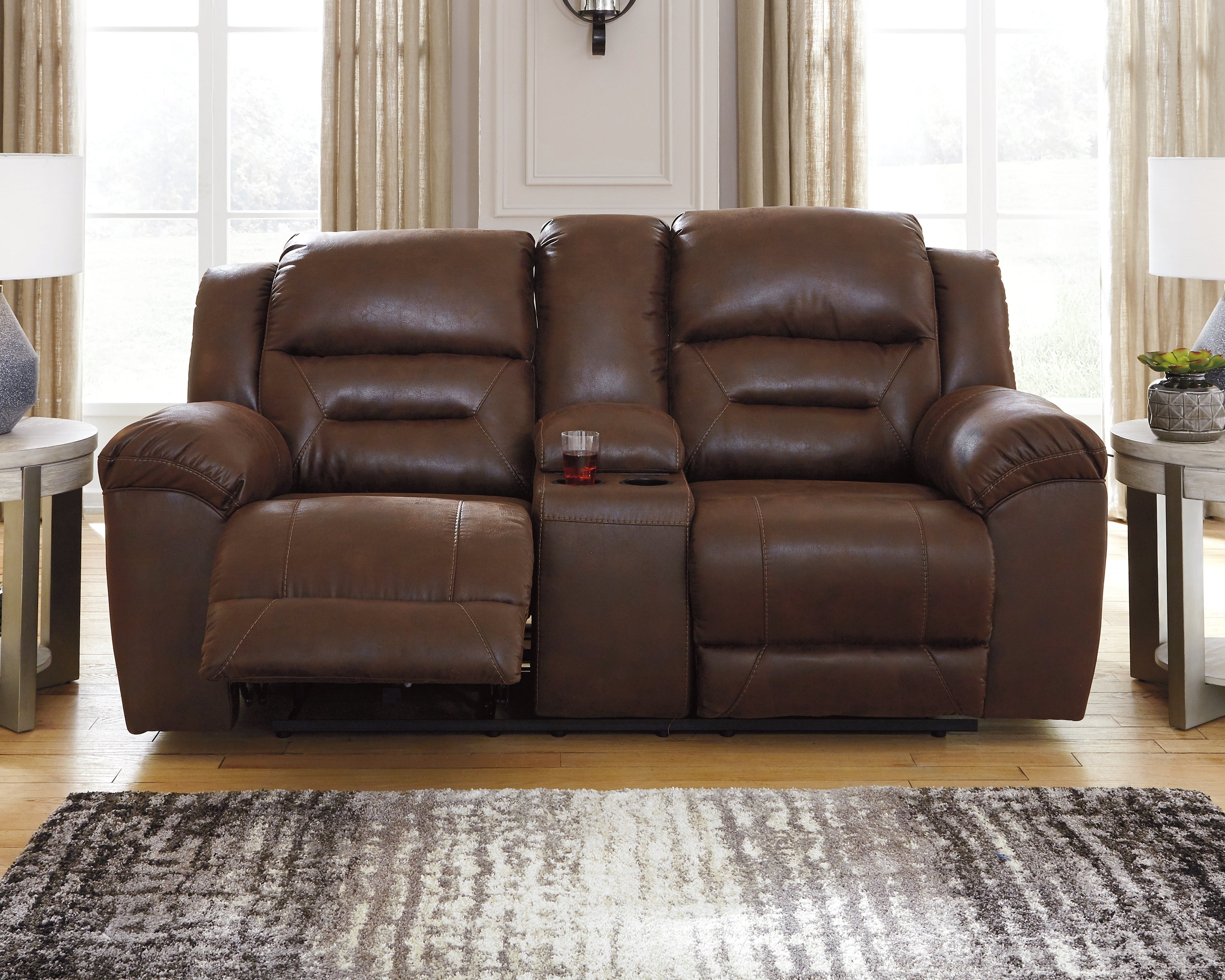 Elite Furniture Outlet - Ashley Furniture - Stoneland Living Room - DBL Rec Loveseat w/Console / Chocolate - 3990494