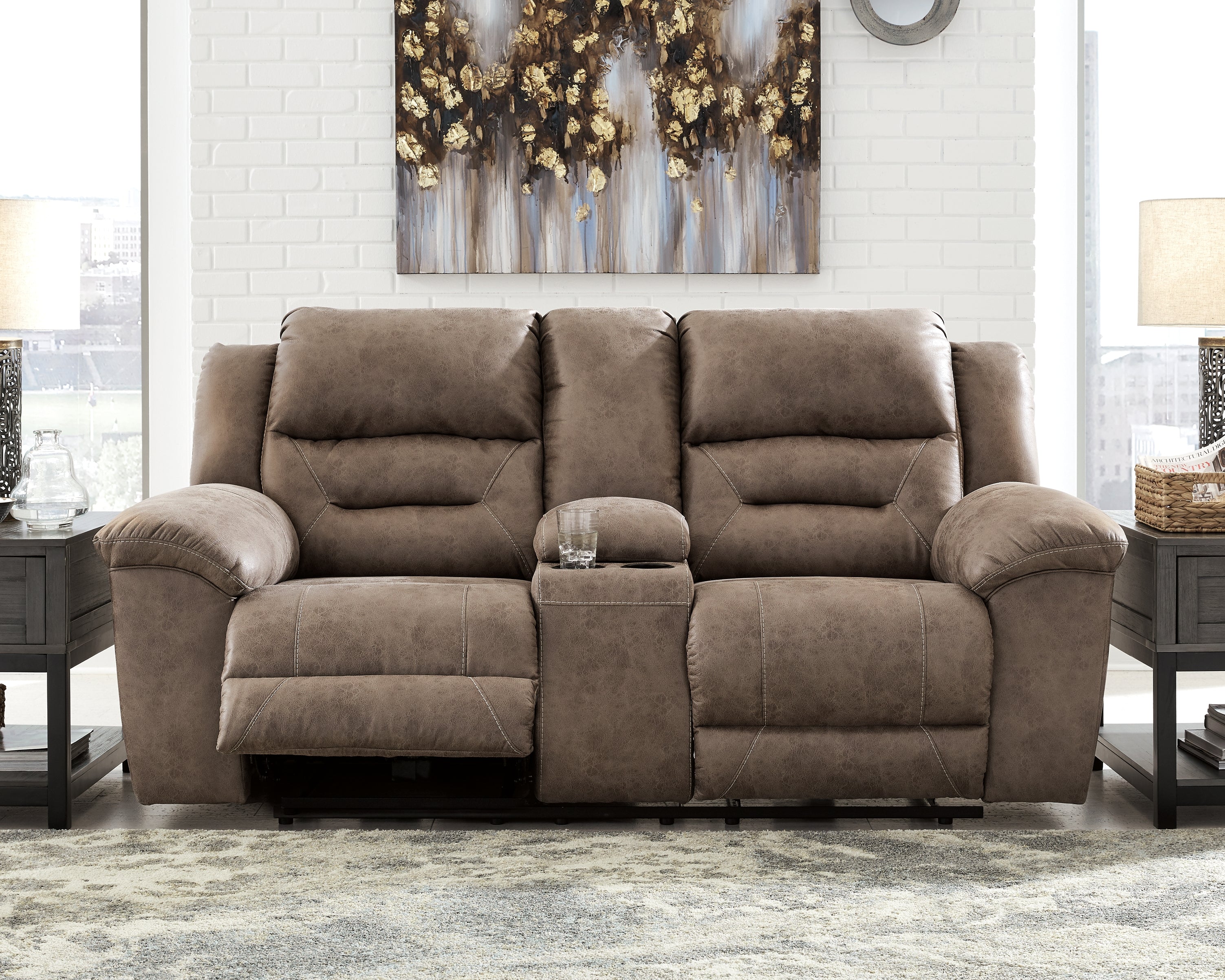 Elite Furniture Outlet - Ashley Furniture - Stoneland Living Room - DBL REC PWR Loveseat w/Console / Fossil - 3990596