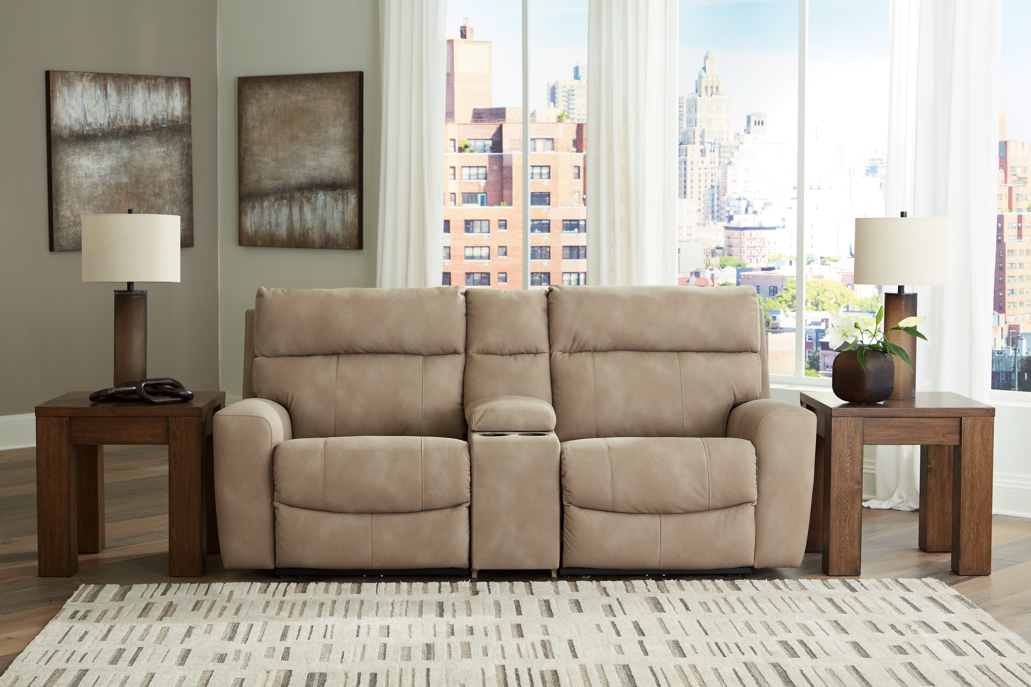 Elite Furniture Outlet - Ashley Furniture - Next-Gen DuraPella Sectional - 3-Piece Power Reclining Sectional Loveseat with Console / Sand - 61004S3