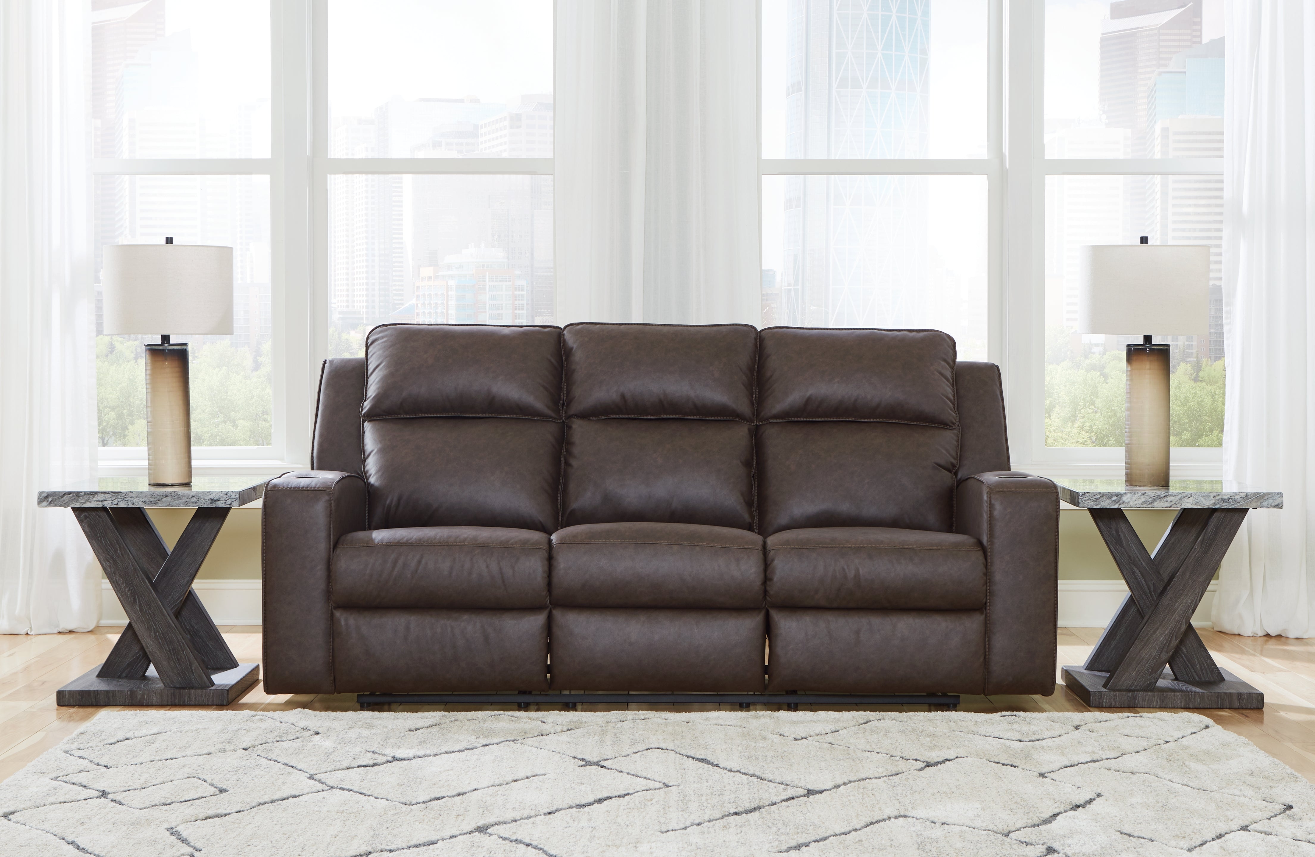 Elite Furniture Outlet - Ashley Furniture - Lavenhorne Living Room - REC Sofa w/Drop Down Table / Umber - 6330689