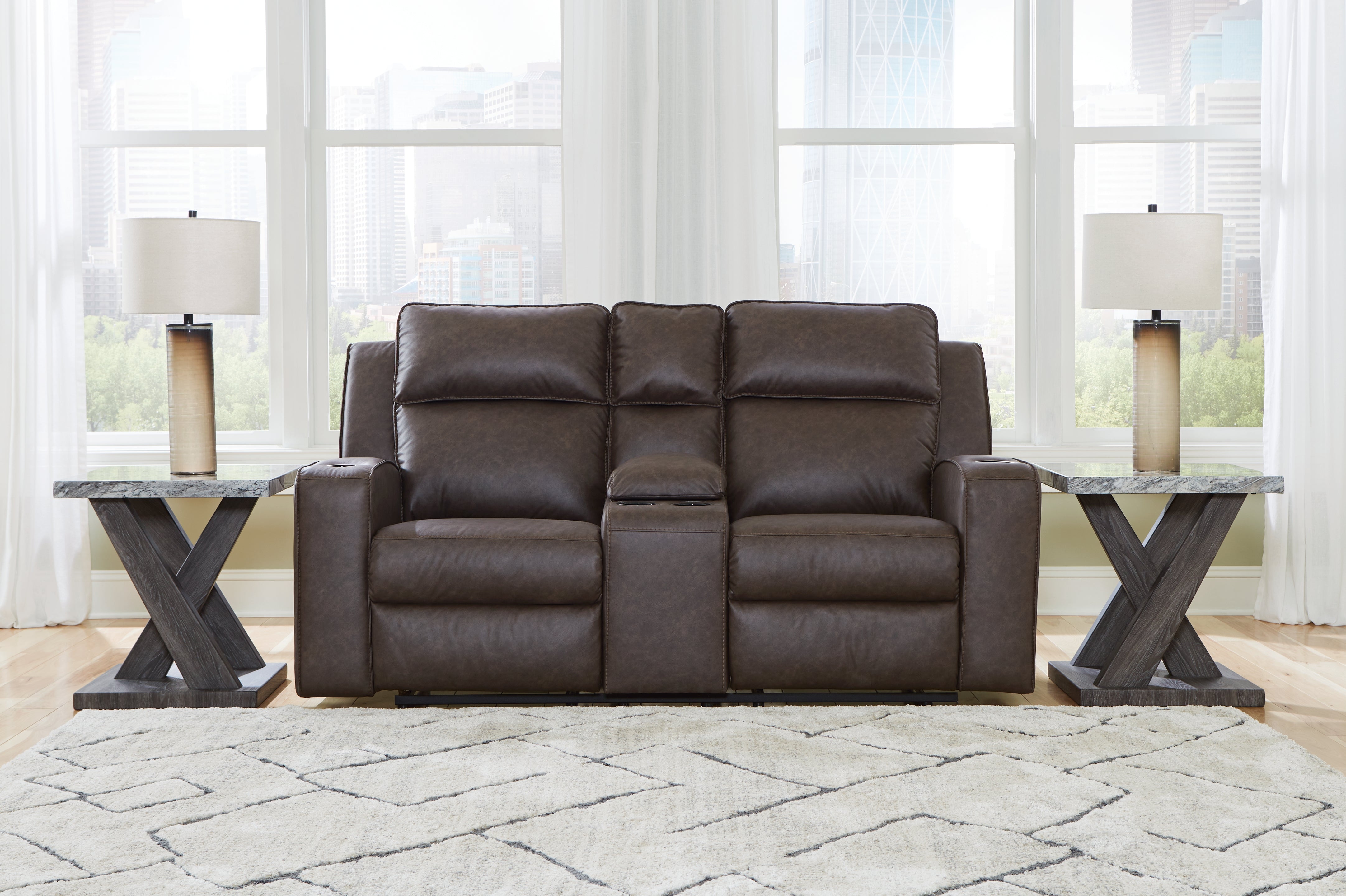 Elite Furniture Outlet - Ashley Furniture - Lavenhorne Living Room - DBL Rec Loveseat w/Console / Umber - 6330694