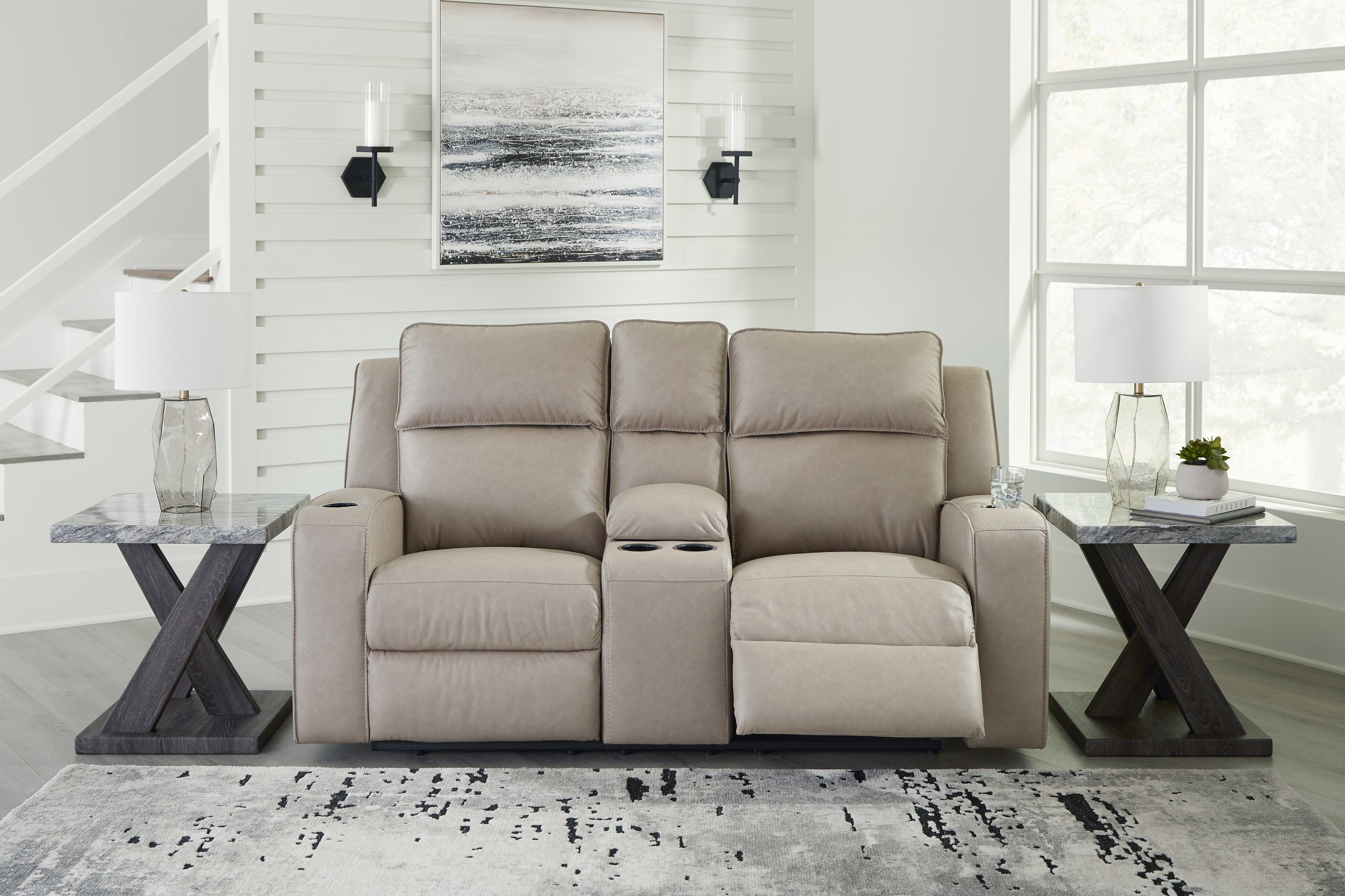 Elite Furniture Outlet - Ashley Furniture - Lavenhorne Living Room - DBL Rec Loveseat w/Console / Pebble - 6330794