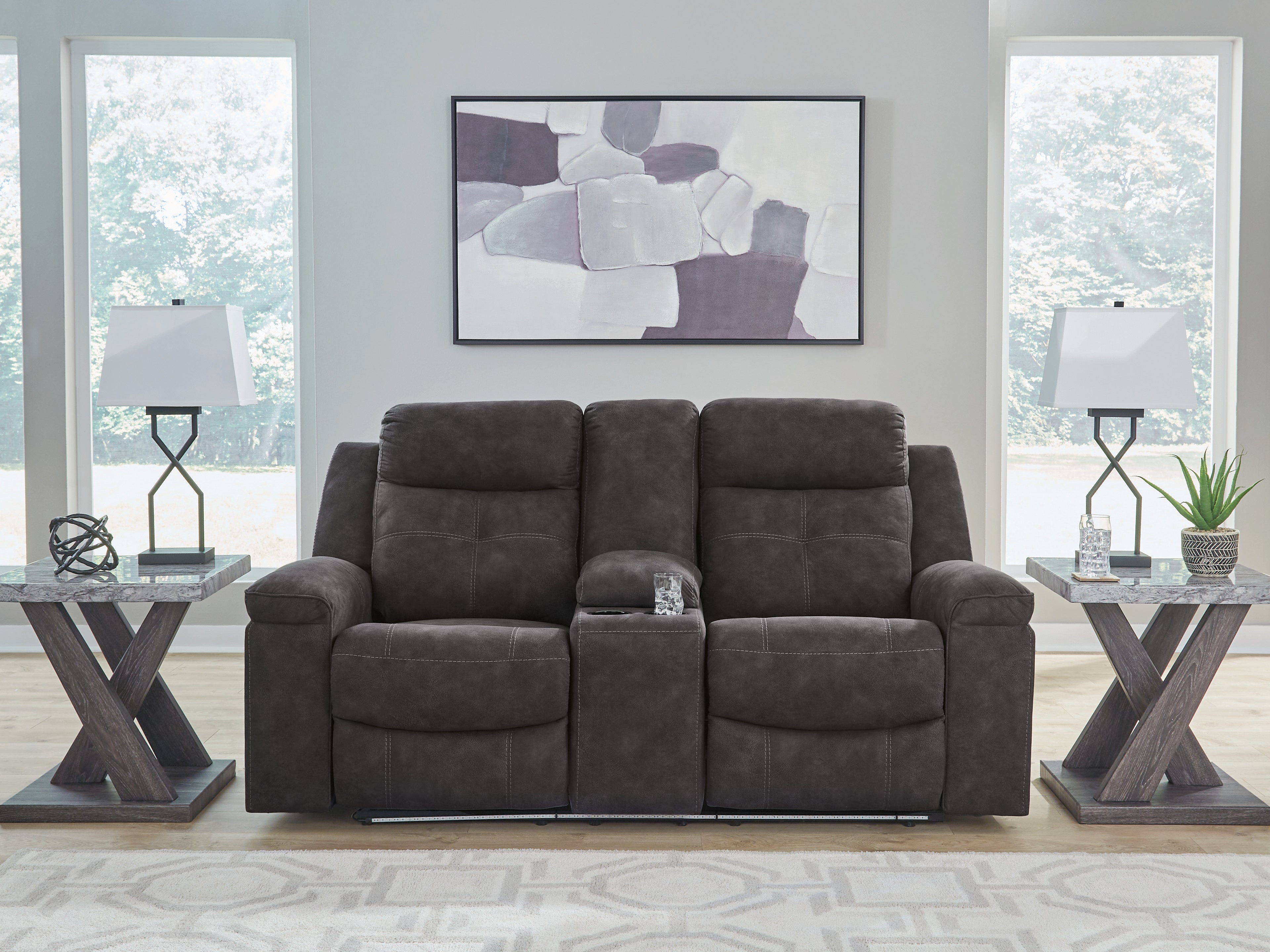 Elite Furniture Outlet - Ashley Furniture - Brysonview Living Room - DBL Rec Loveseat w/Console / Charcoal - 6360594