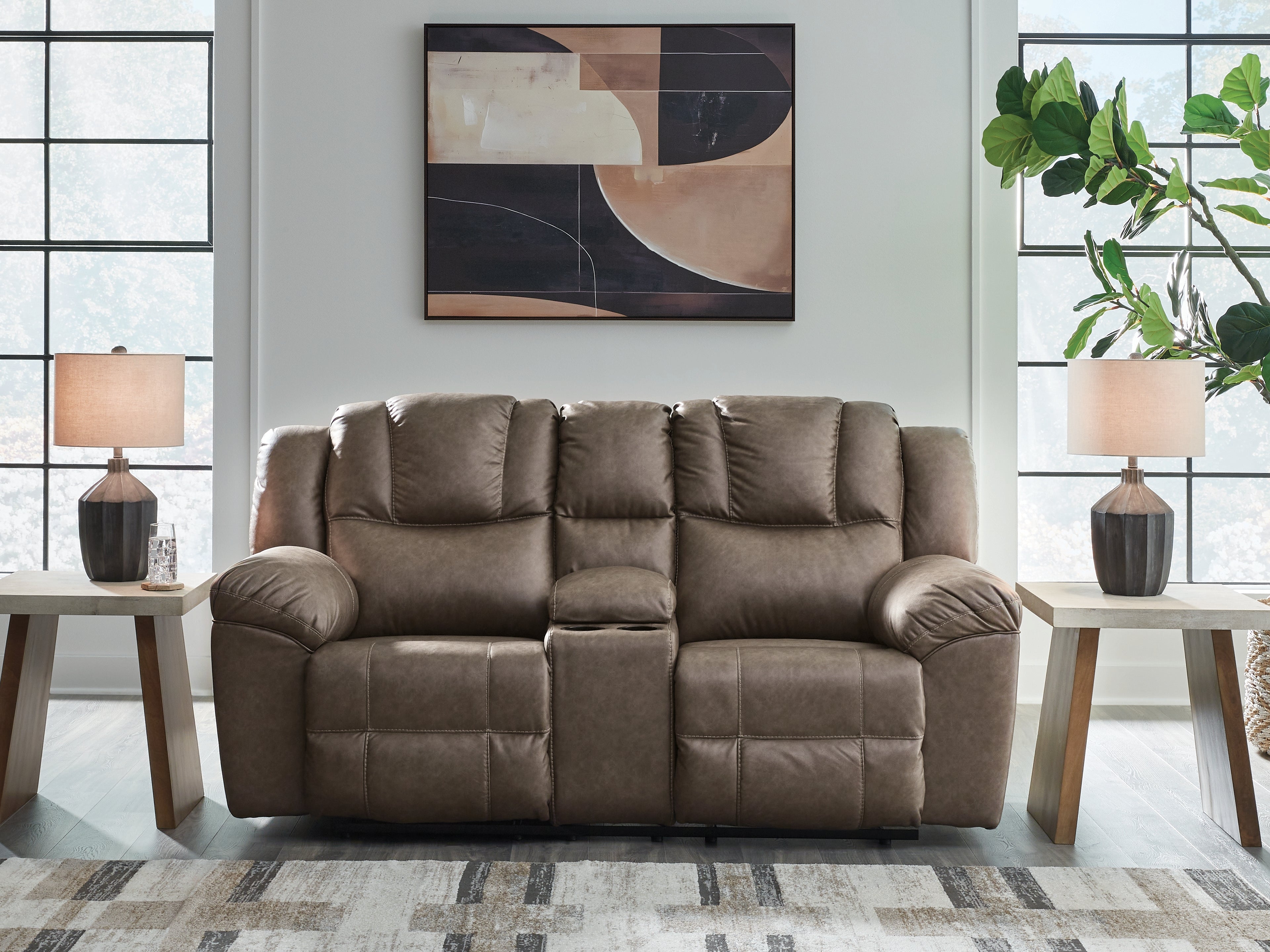 Elite Furniture Outlet - Ashley Furniture - Lowilla Living Room - DBL Rec Loveseat w/Console / Driftwood - PC6450694