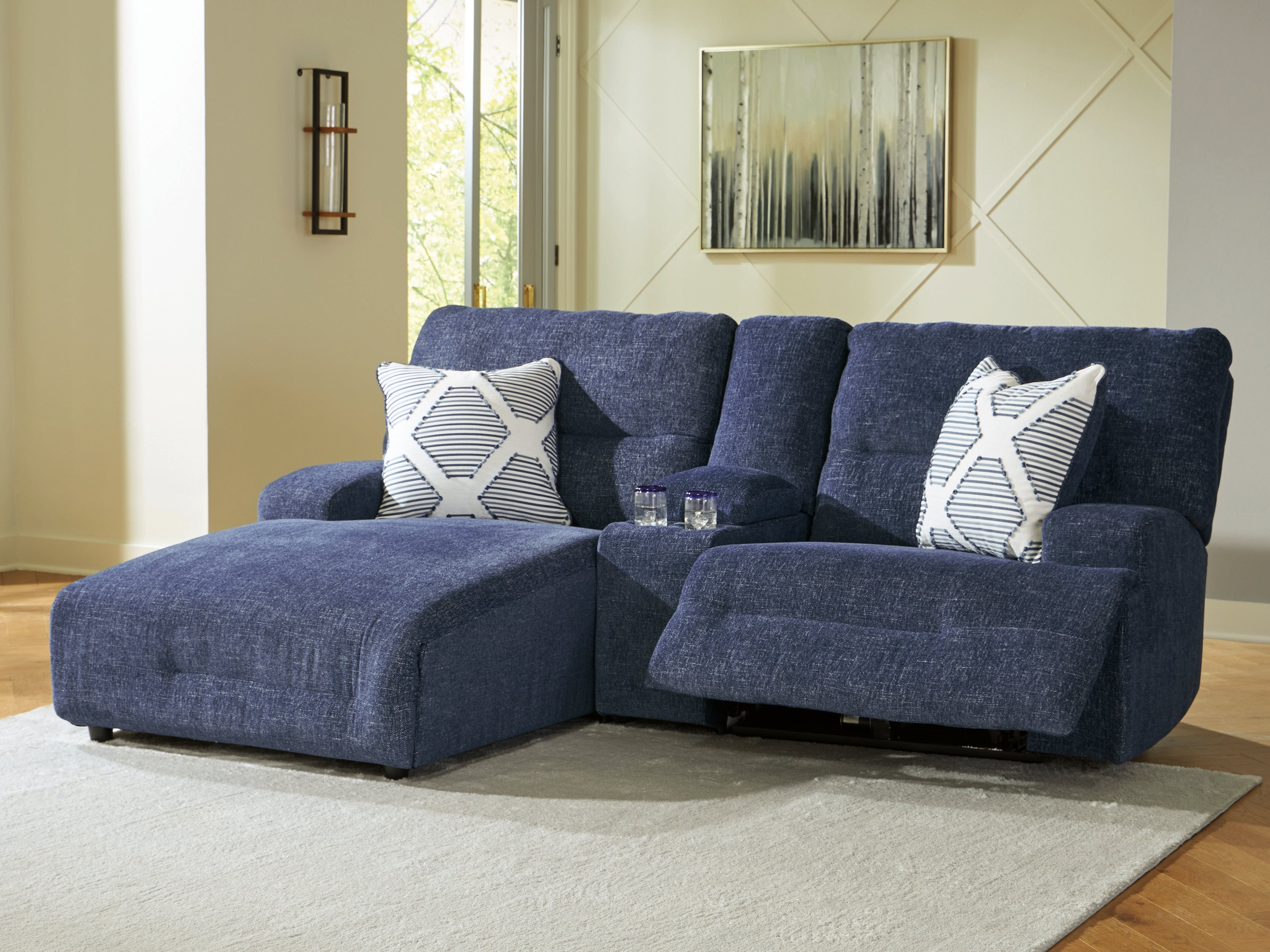 Elite Furniture Outlet - Ashley Furniture - Acklen Place Sectional - 3-Piece Power Reclining Sectional Sofa with Chaise / Navy - 93607S5