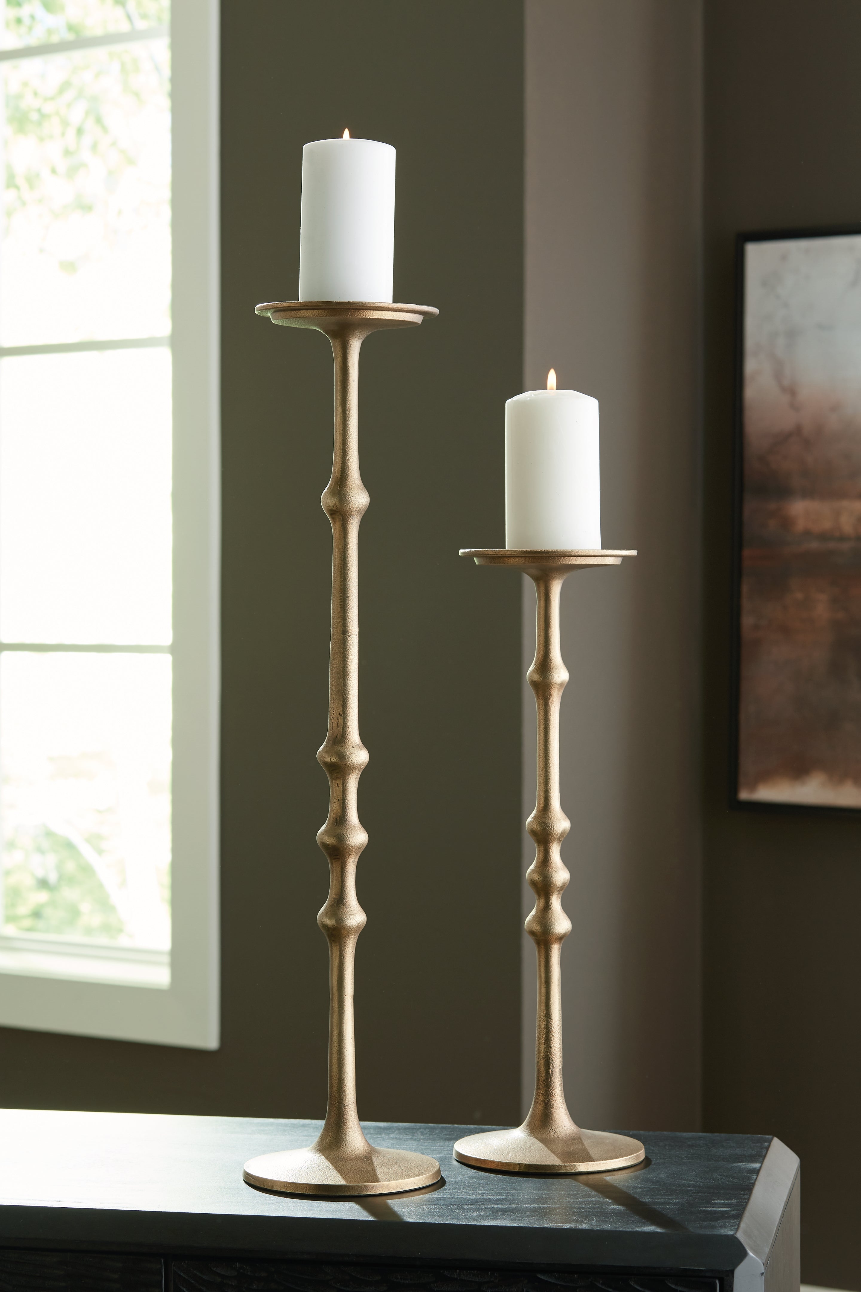 Elite Furniture Outlet - Ashley Furniture - Larwick Candle Holder - Candle Holder Set (Set of 2) / Antique Brass Finish - A2000683