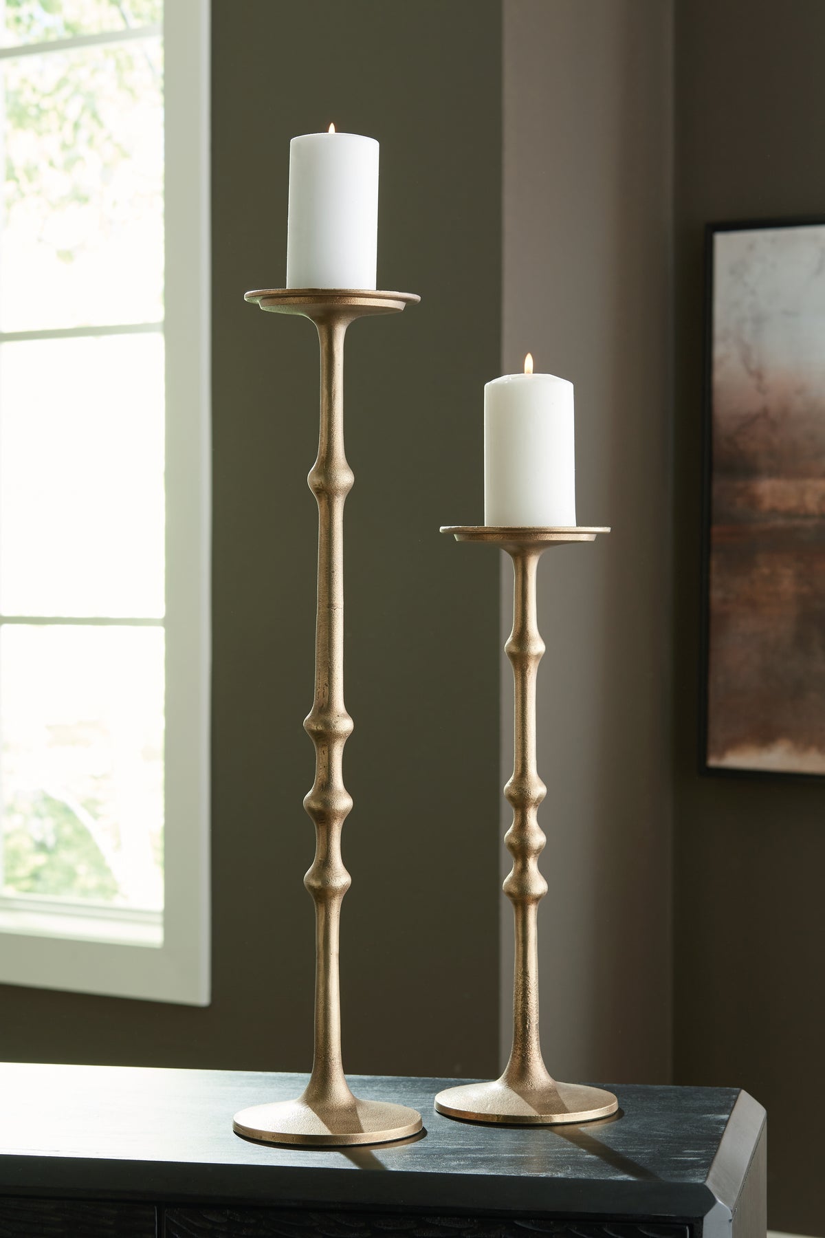 Elite Furniture Outlet - Ashley Furniture - Larwick Candle Holder - Candle Holder Set (Set of 2) / Antique Brass Finish - A2000683