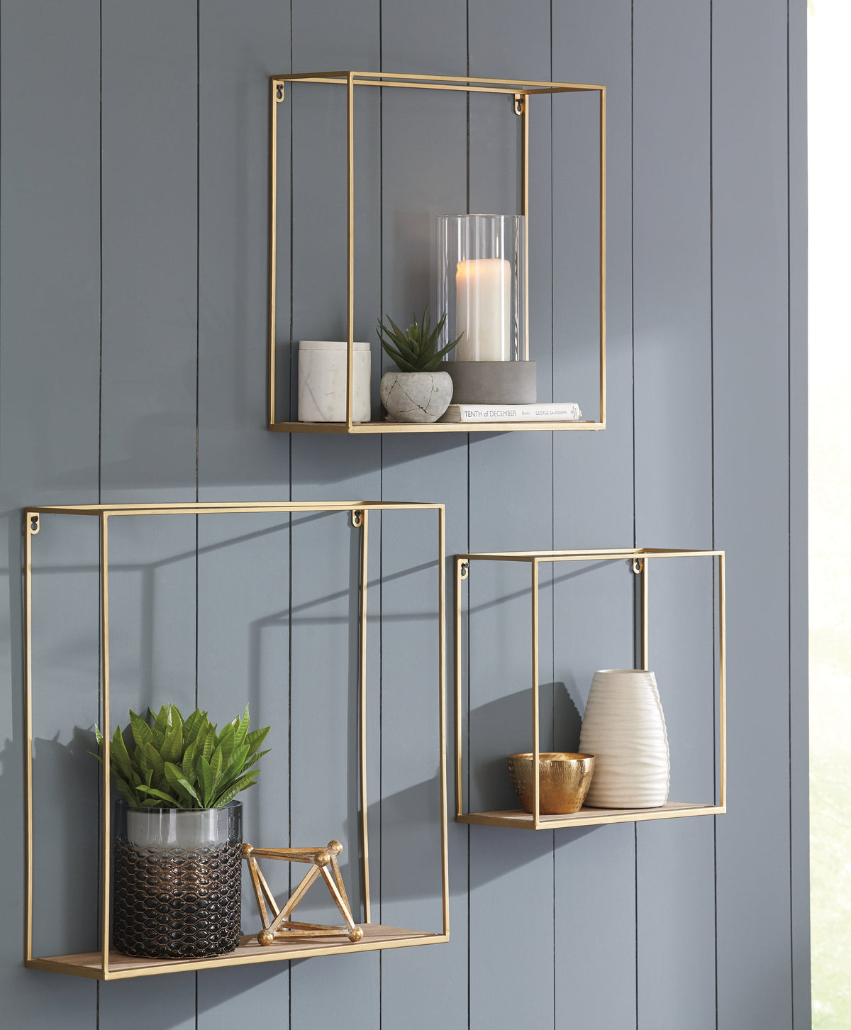 Elite Furniture Outlet - Ashley Furniture - Efharis Wall Decor - Wall Shelf Set (3/CN) / Natural/Gold Finish - A8010107