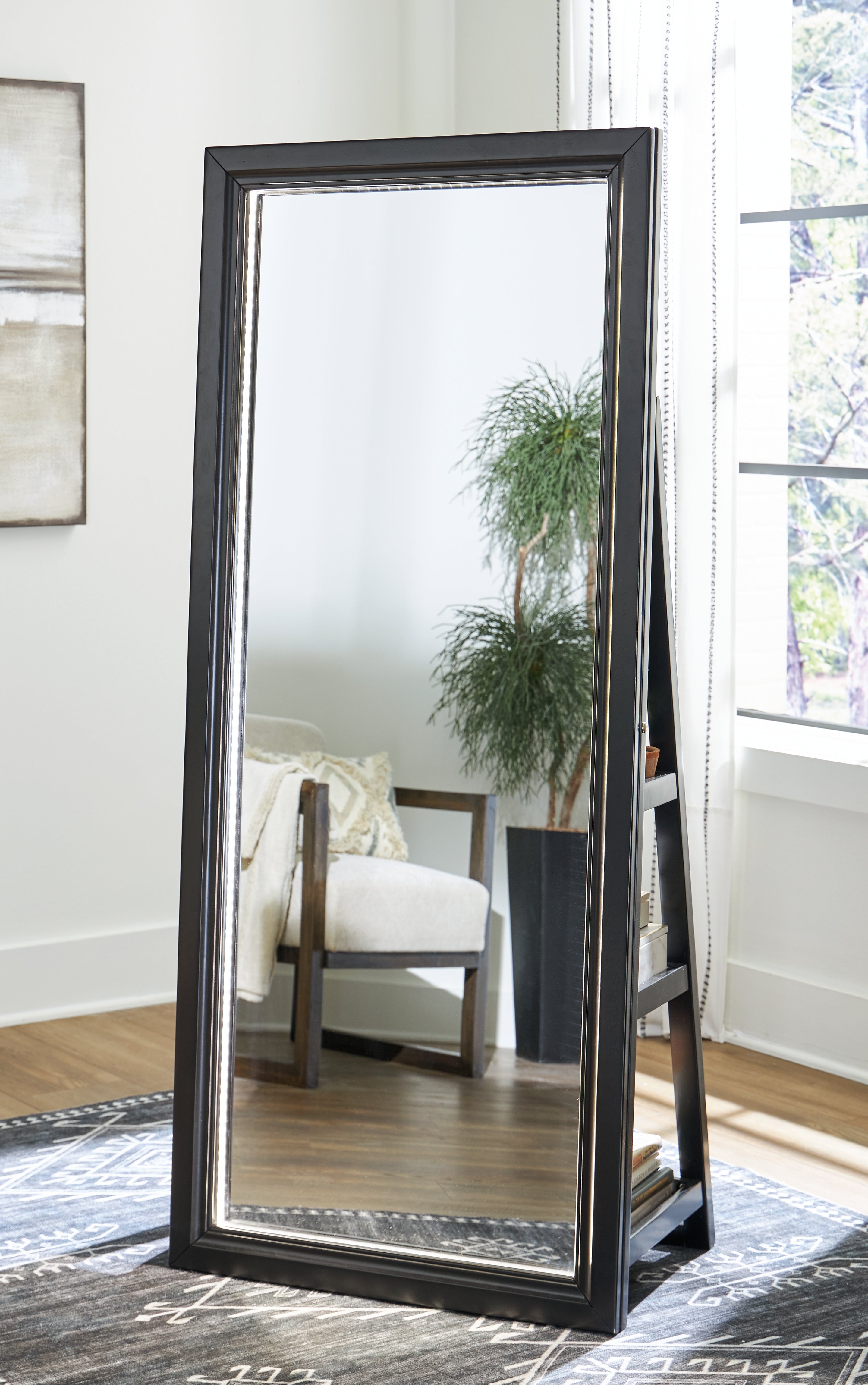 Elite Furniture Outlet - Ashley Furniture - Evesen Mirror - Floor Standing Mirror/Storage / Black - A8010384