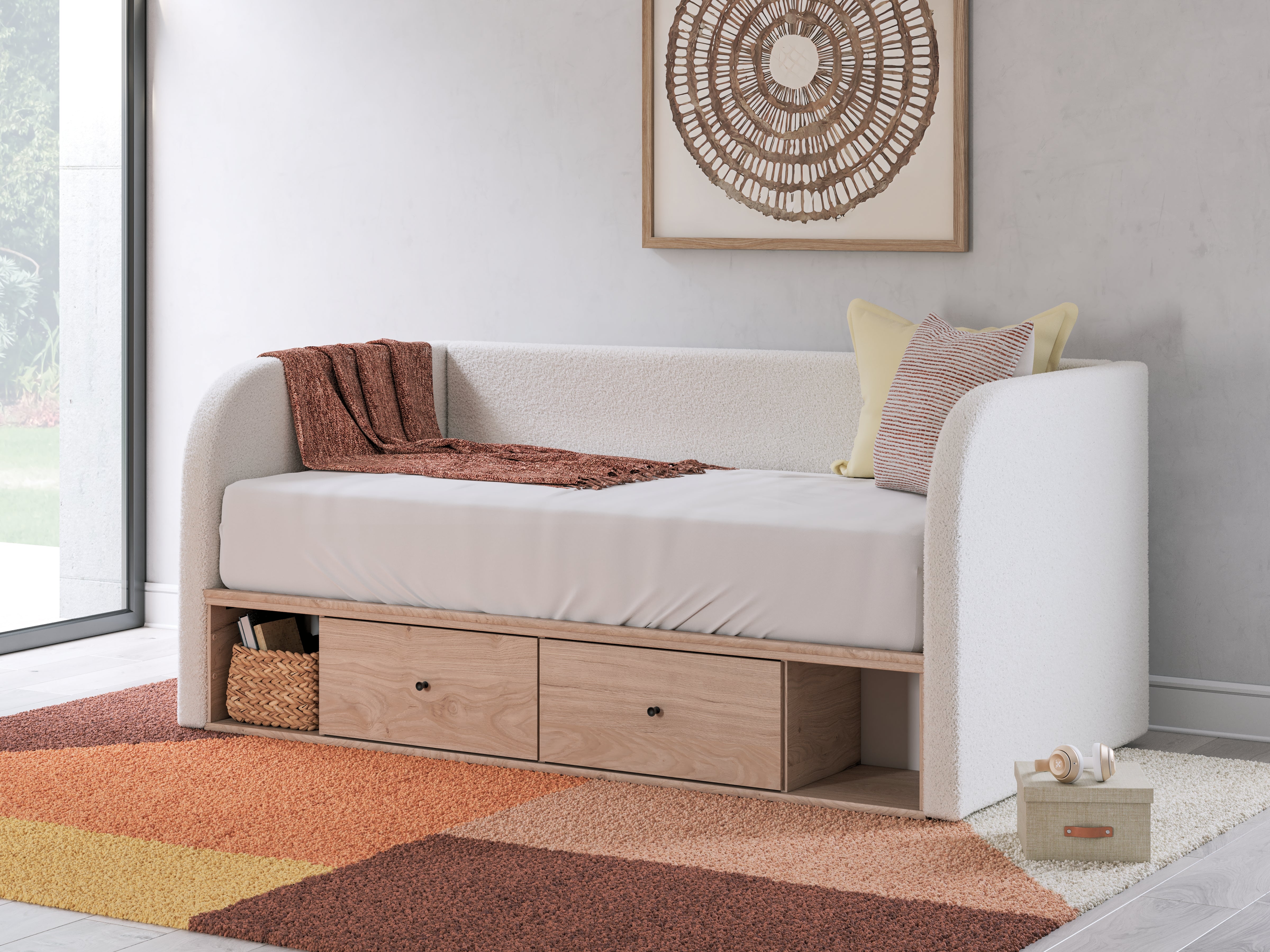 Elite Furniture Outlet - Ashley Furniture - Arloster Bedroom - Twin Upholstered Day Bed with Storage / Tan/White - PCB1566B9