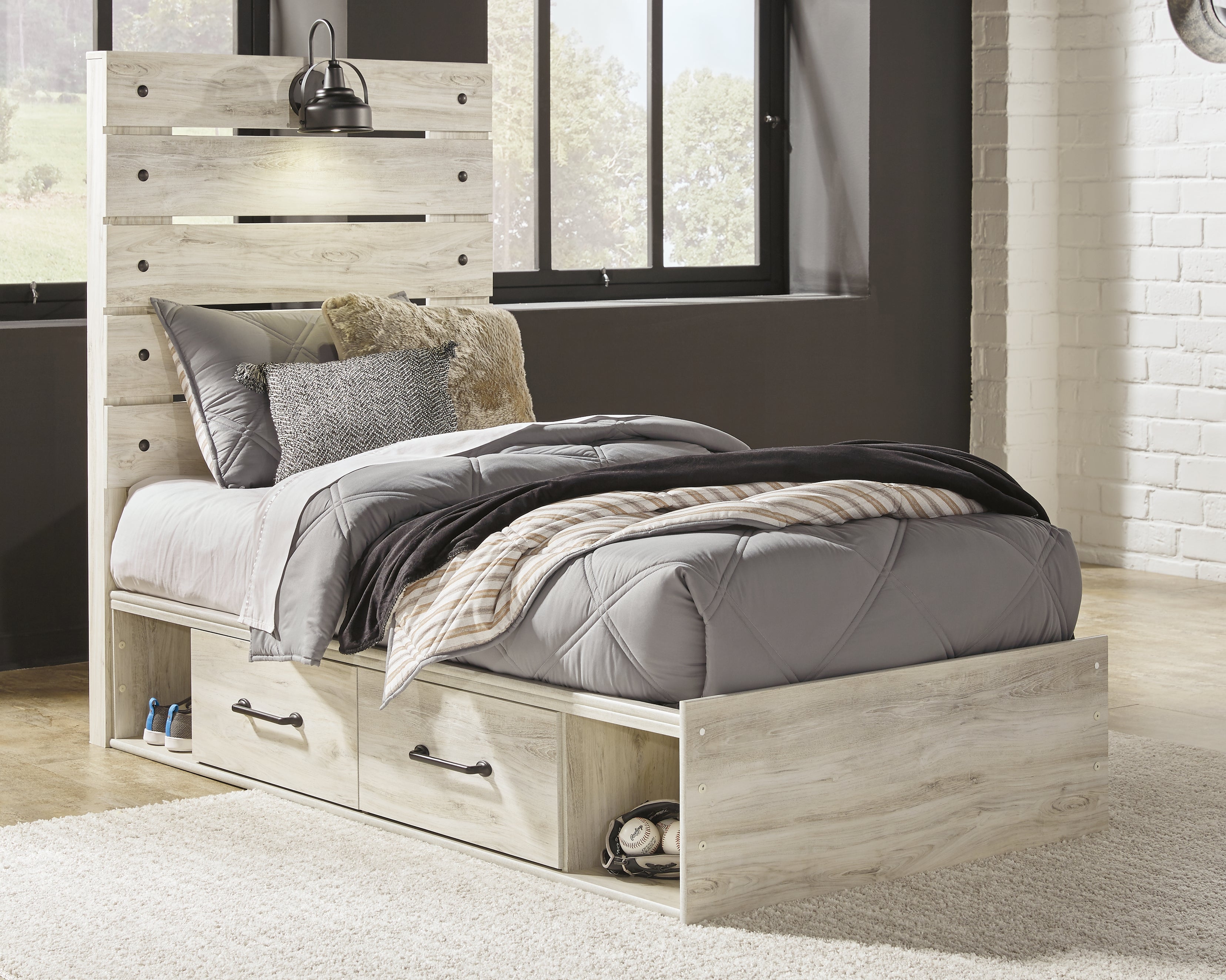 Elite Furniture Outlet - Ashley Furniture - Cambeck Bedroom - Twin Panel Bed with 2 Storage Drawers / Whitewash - B192B13