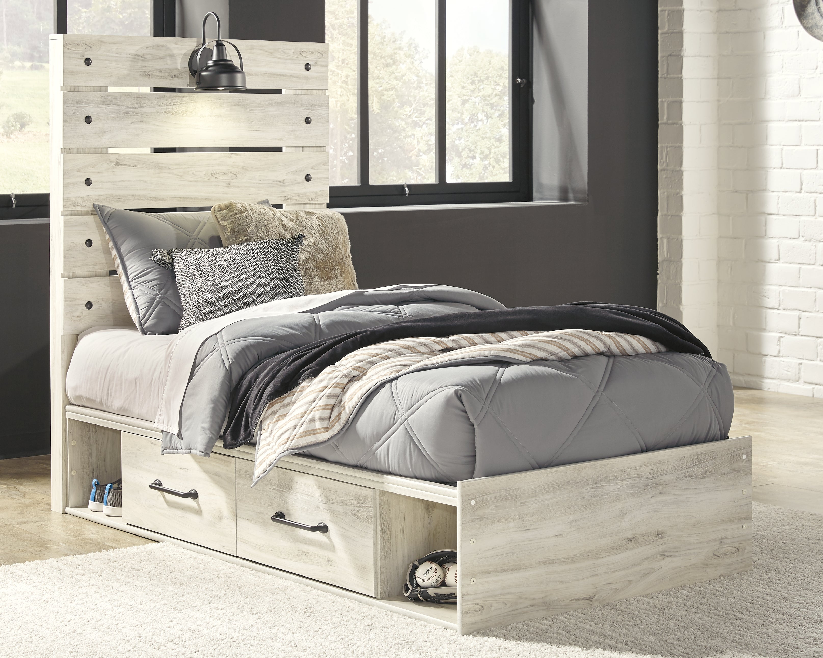 Elite Furniture Outlet - Ashley Furniture - Cambeck Bedroom - Twin Panel Bed with 4 Storage Drawers / Whitewash - B192B21